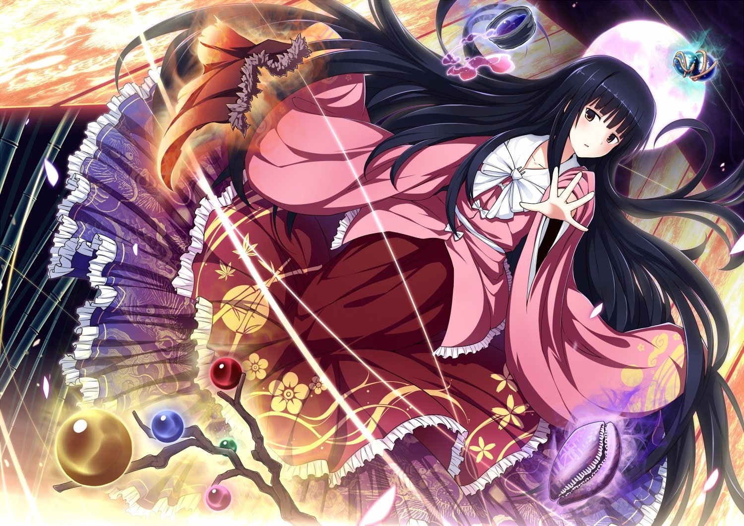 brown, long, moon, hair, kaguya, 720P, ugume, japanese, bow, eyes, black, touhou, houraisan, dress, clothes, HD Wallpaper