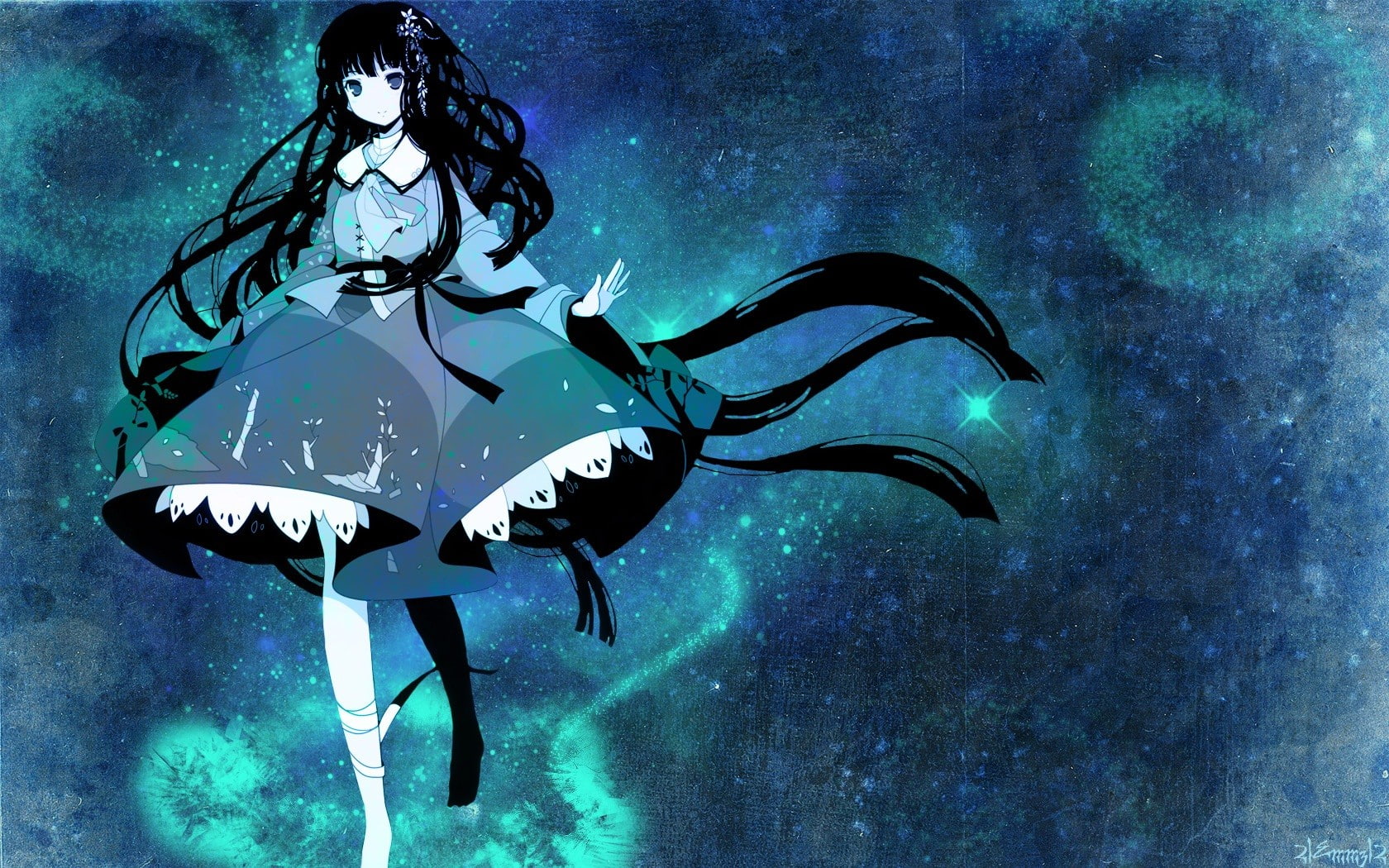 girls, 720P, hair, kaguya, stars, flowers, houraisan, running, black, barefoot, anime, long, bandages, eyes, ideolo, video, princess, ornaments, sparkles, HD Wallpaper
