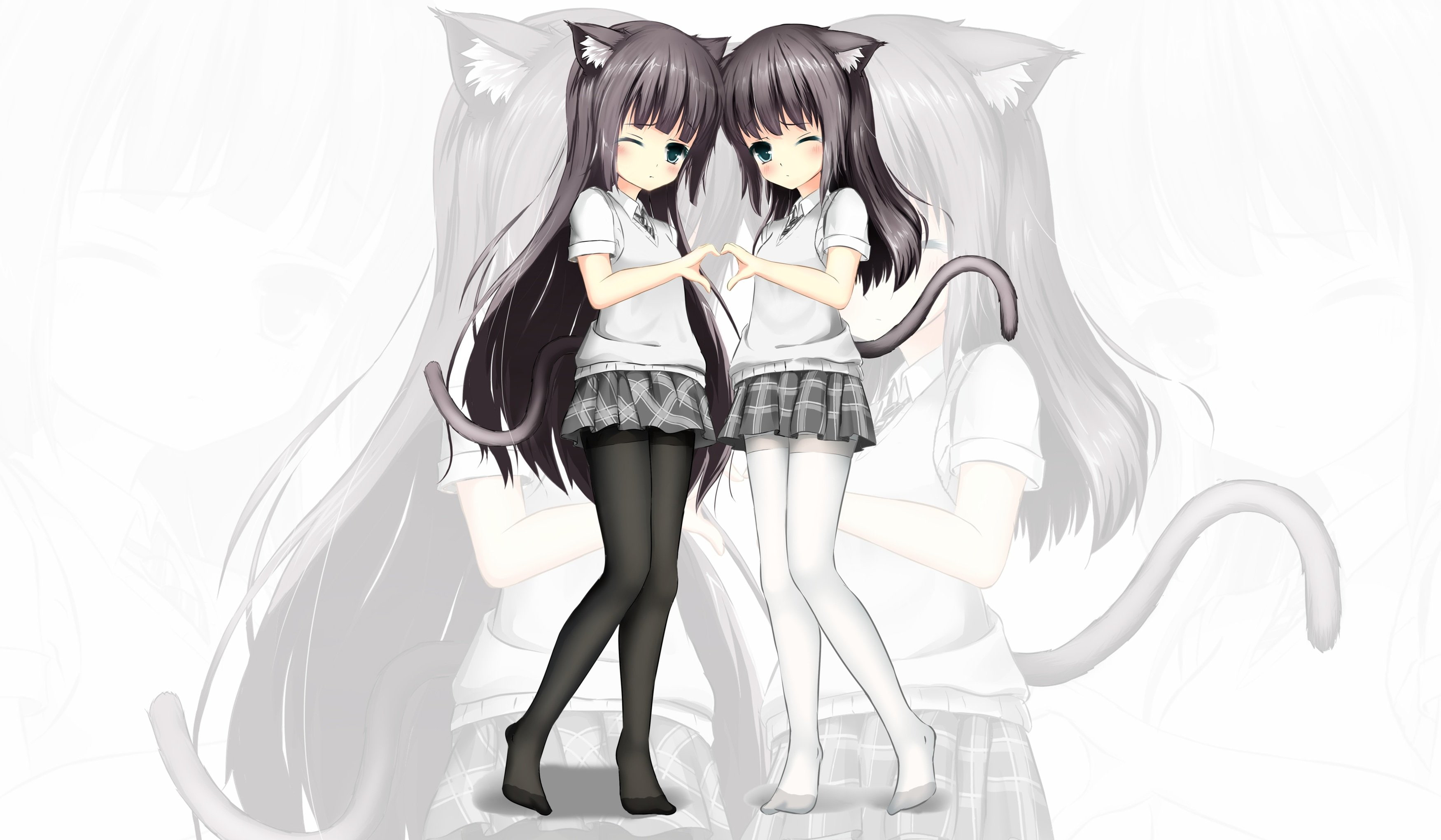 pantyhose, seifuku, photoshop, animal, shoutu, catgirl, yuri, 2K, ears, loli, HD Wallpaper