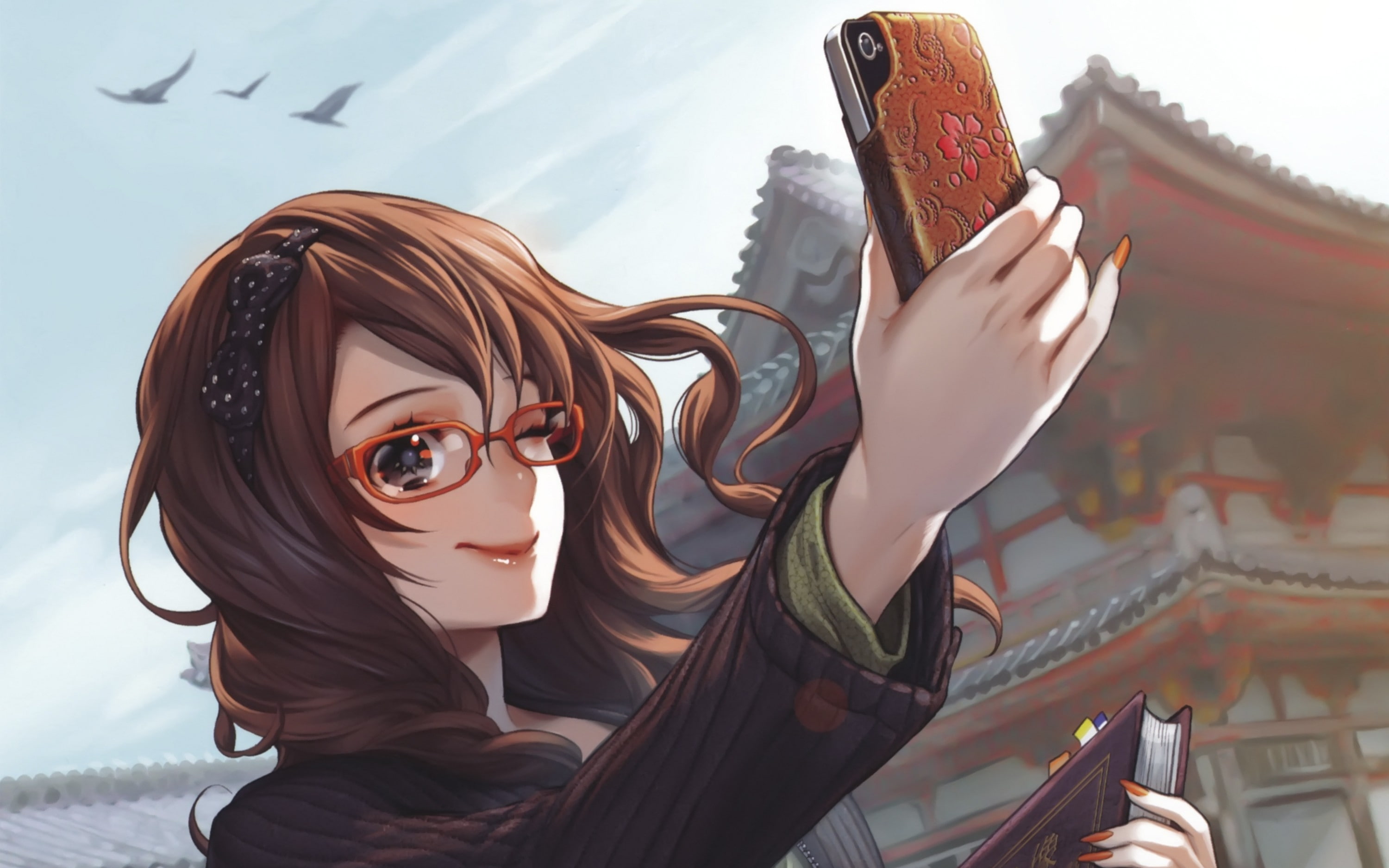 hd, people, artwork, smiling, glasses, art, foo, x, hair, anime, girls, midori, brunettes, 2K, iphone, meganekko, long, wal, HD Wallpaper