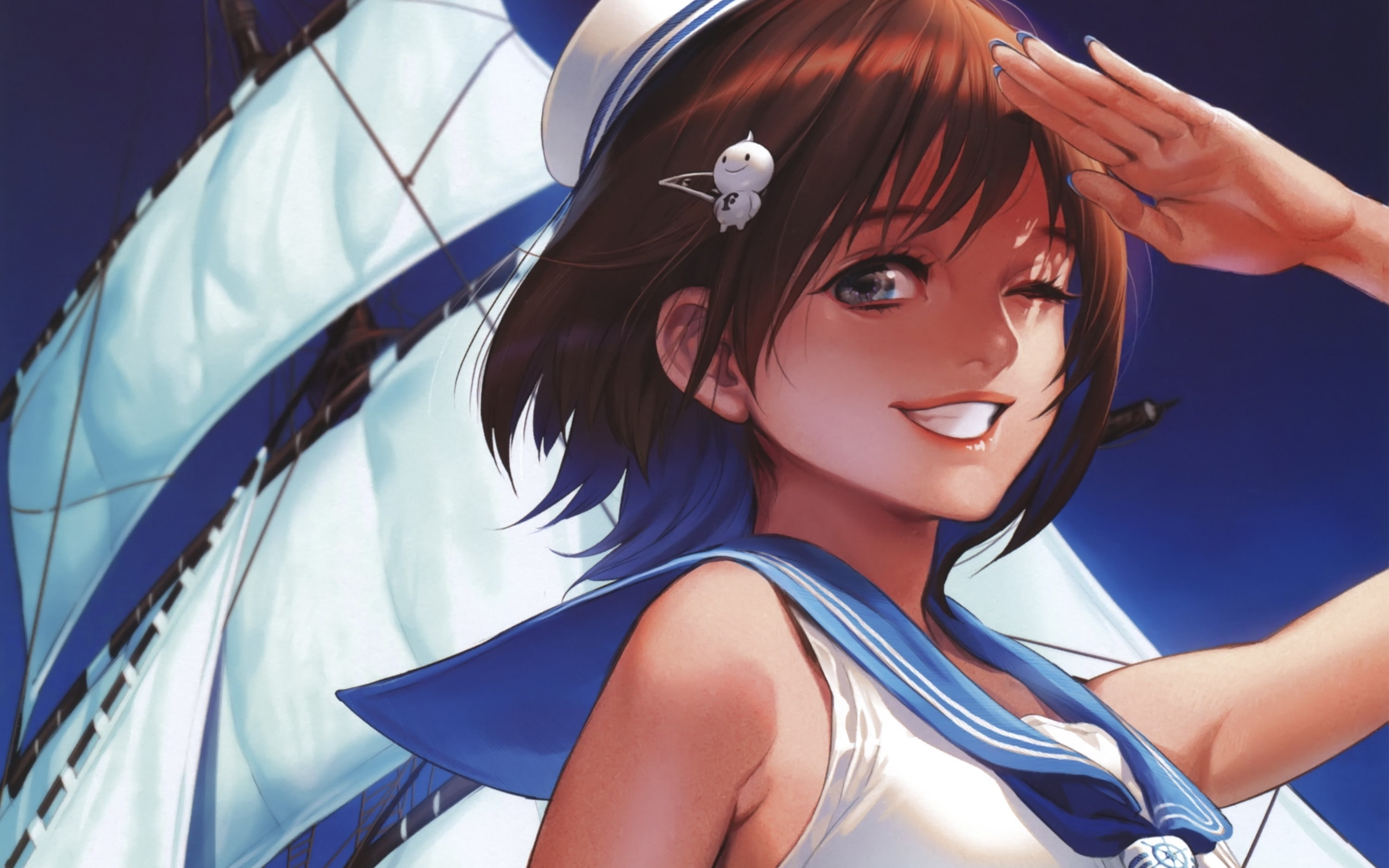 smiling, brunettes, midori, x, hair, anime, people, artwork, short, 2K, ships, art, foo, girls, hd, HD Wallpaper