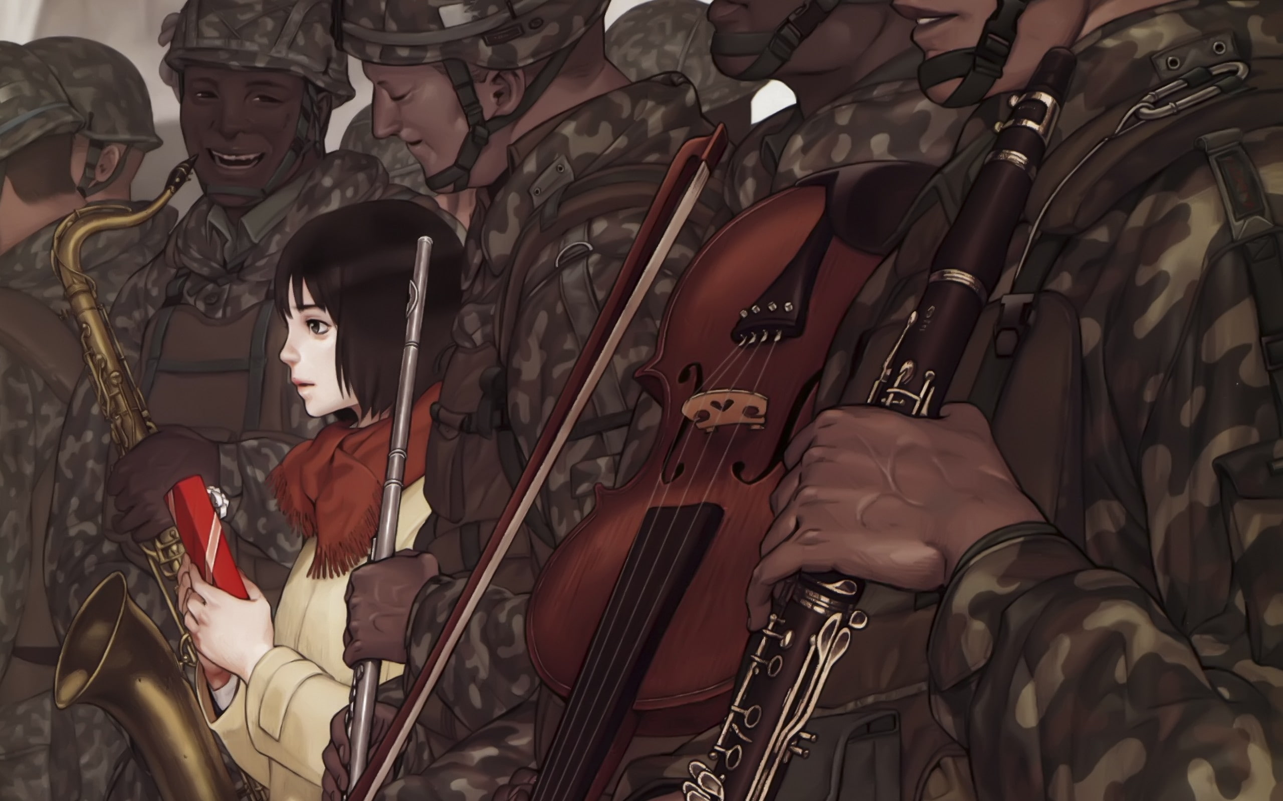 Music, aircraft, art, midori, military, 2K, men, short, anime, violins, foo, x, artwork, hair, girls, hd, children, soldiers, HD Wallpaper