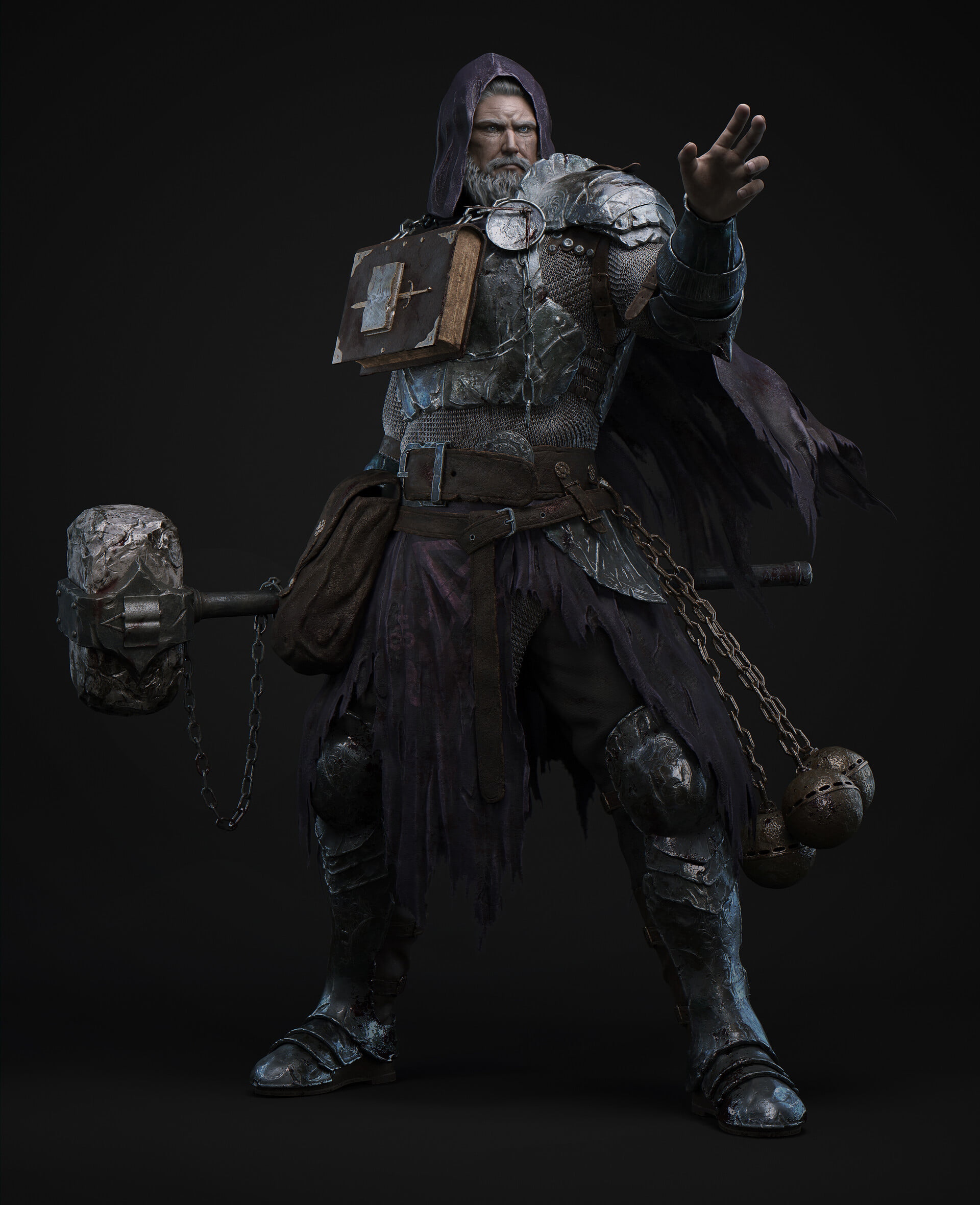men, hoods, books, cloth, chain mail, hammer, Paladin, dark, CGI, warrior, armor, weapon, chains, 1080P, Phone HD Wallpaper