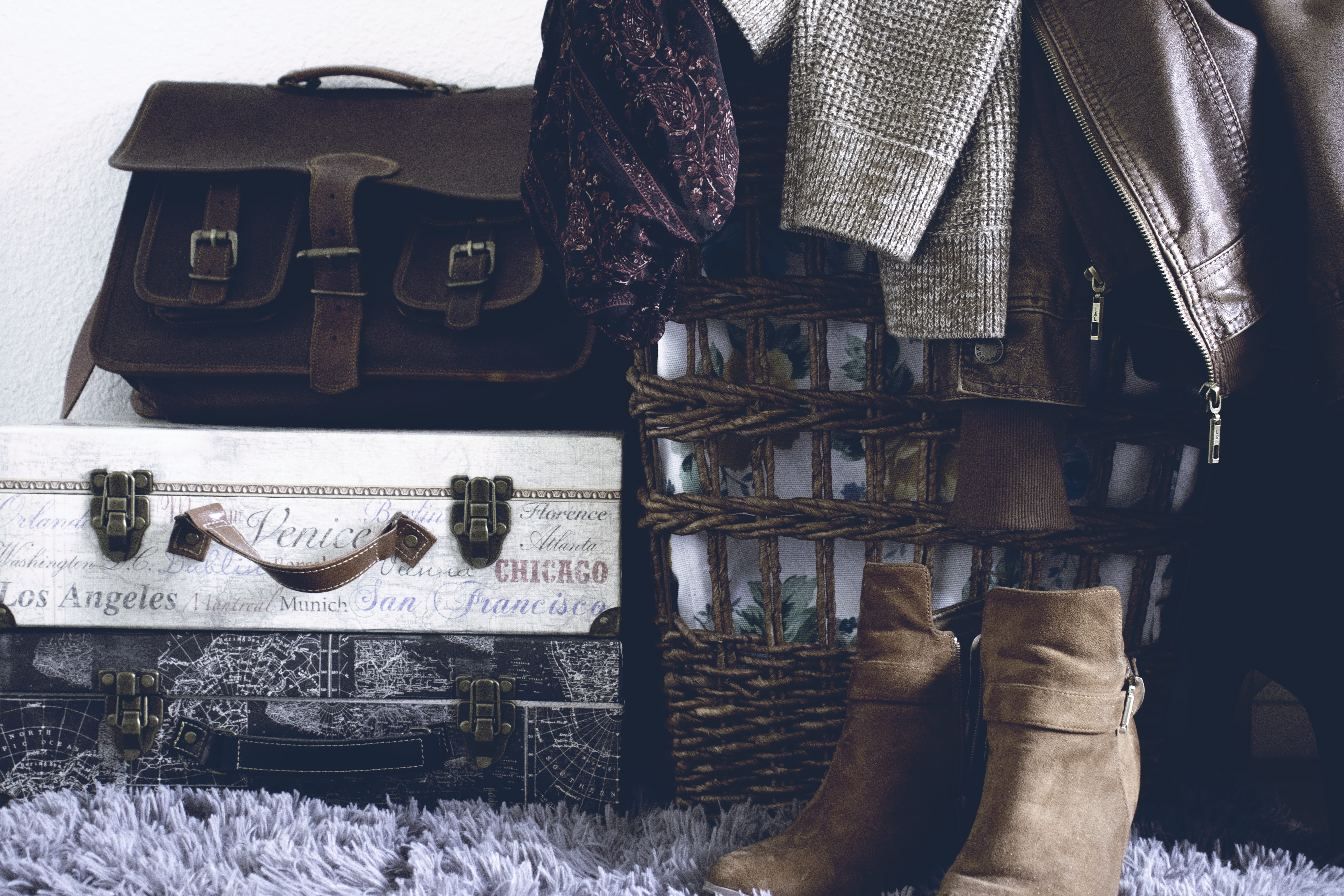 no people, conceptual, wicker, standing, clothing, nature, label, cold temperature, luggages, footwear, architecture, chain mail, suede, near, travel, brown, HD Wallpaper