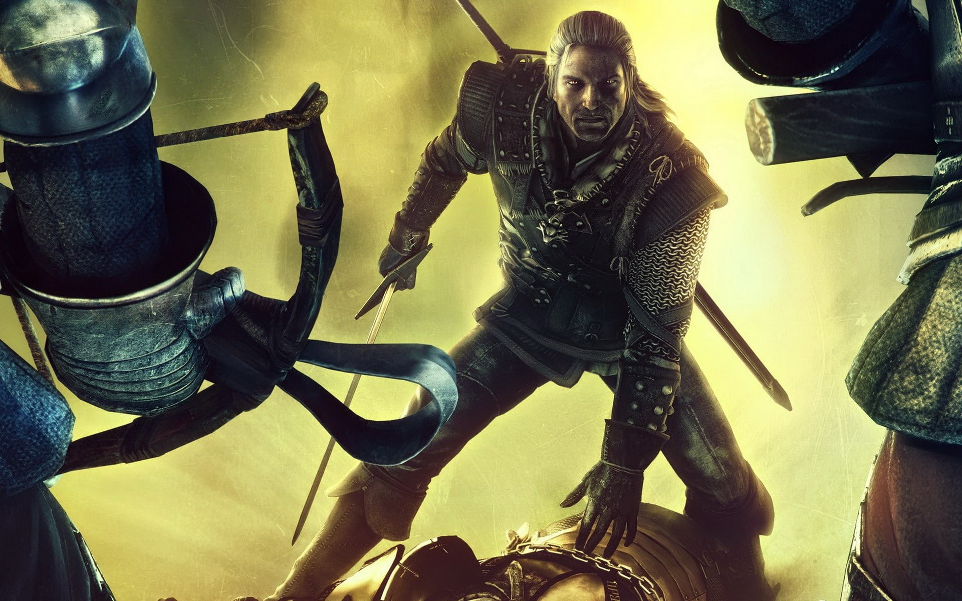 rivia, gaming, crossbows, 1080P, chain, swords, witcher, gauntlets, geralt, mail, HD Wallpaper