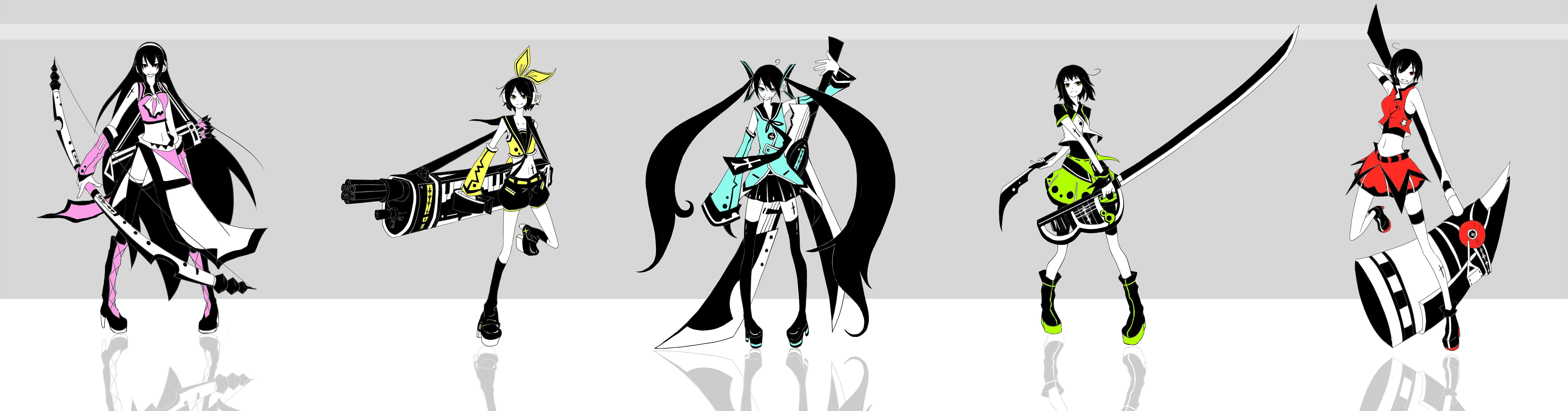 arrows, twintails, eyes, highs, long, thigh, weapons, kagamine, short, pink, leggings, navel, luka, instruments, megpoid, boots, miku, keyboards, skirts, HD Wallpaper