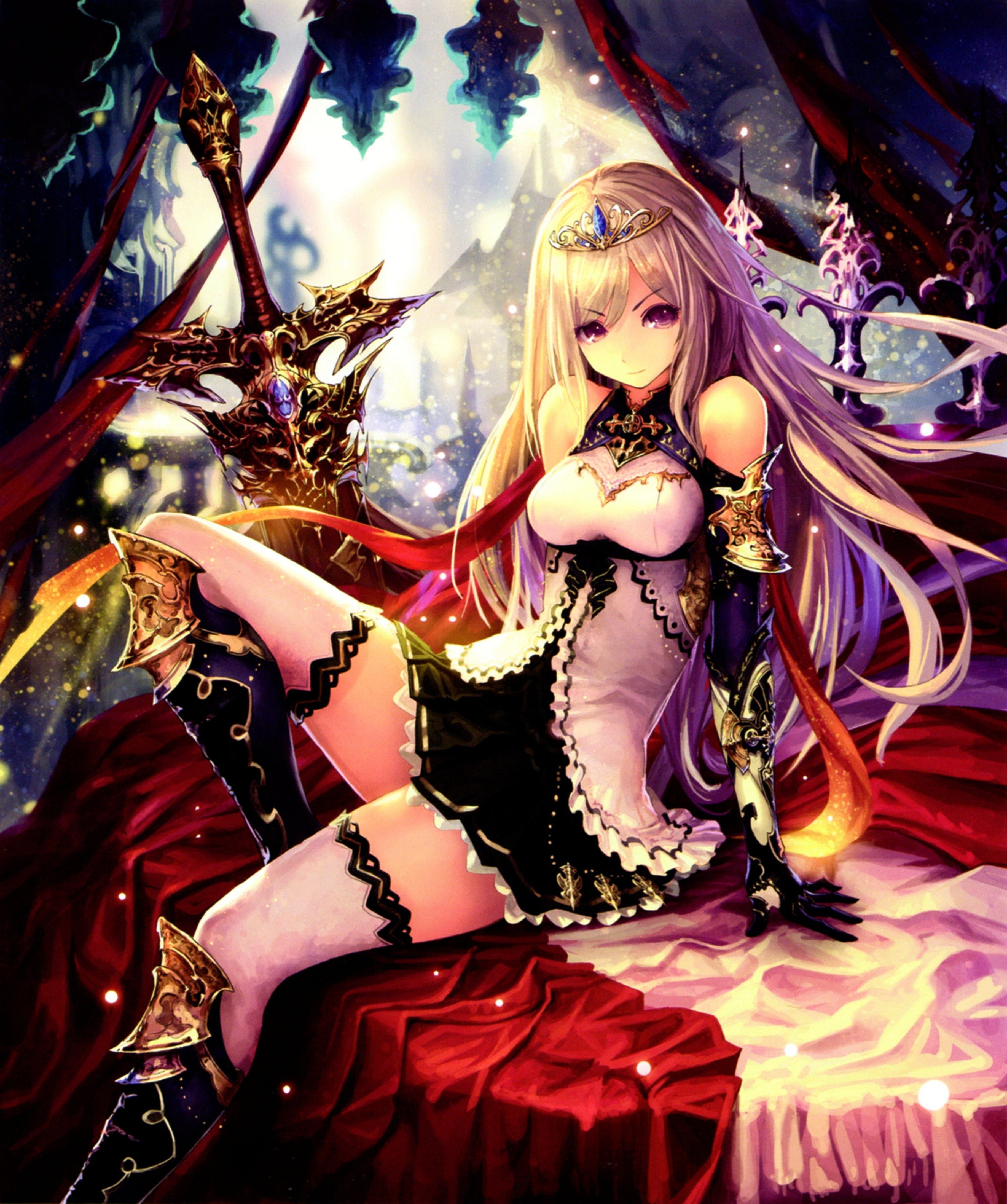 Purple Hair, Gauntlets, Shingeki No Bahamut, 4K, highs, Elly (Shingeki No Bahamut), Long Hair, sword, thigh, Tiaras, Crowns, armor, Phone HD Wallpaper