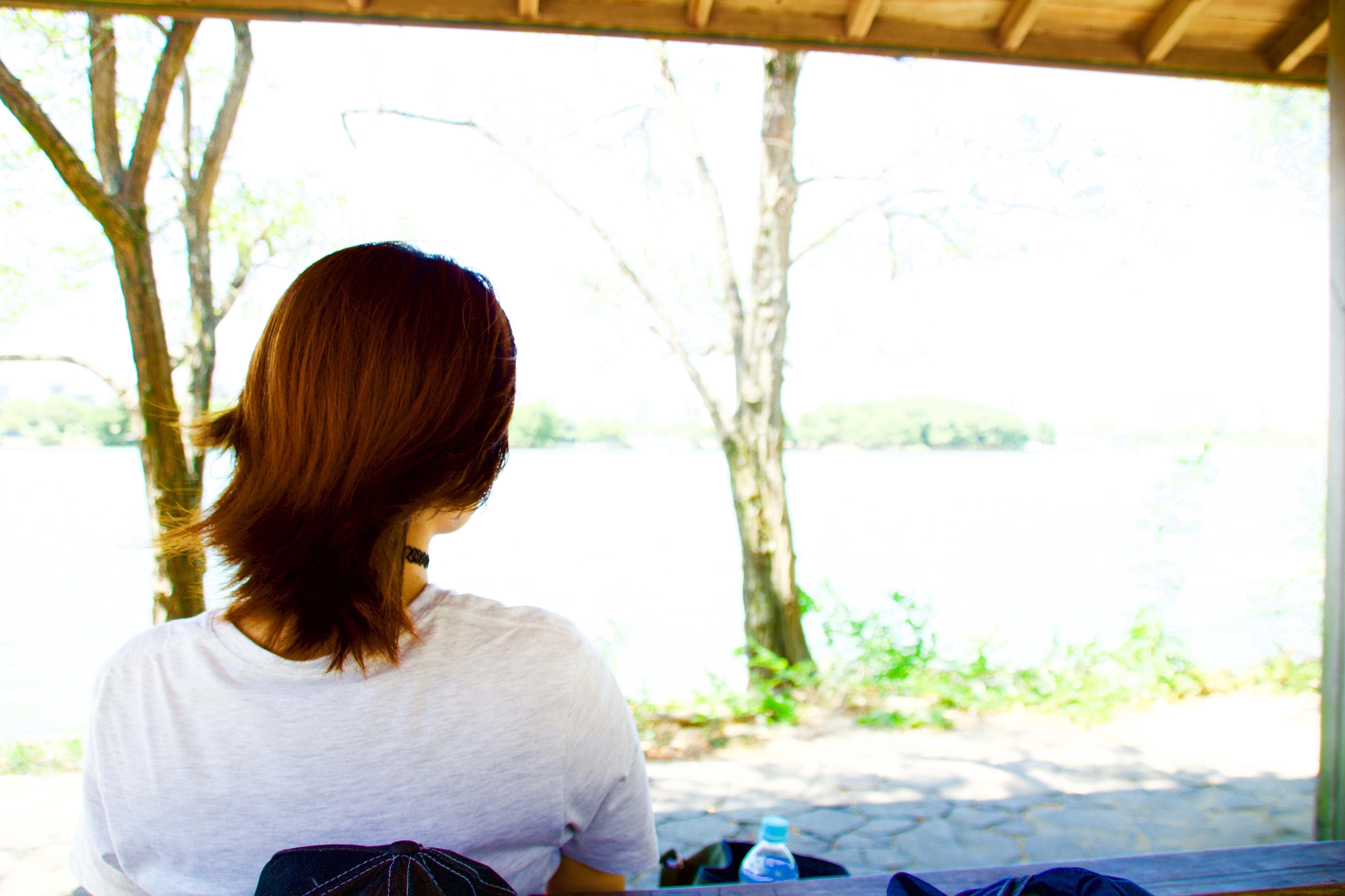 rear view, fukuoka, casual clothing, one person, japan, hair, nature, indoors, wind, sitting, long hair, day, window, young adult, adult, waist up, focus on foreground, HD Wallpaper