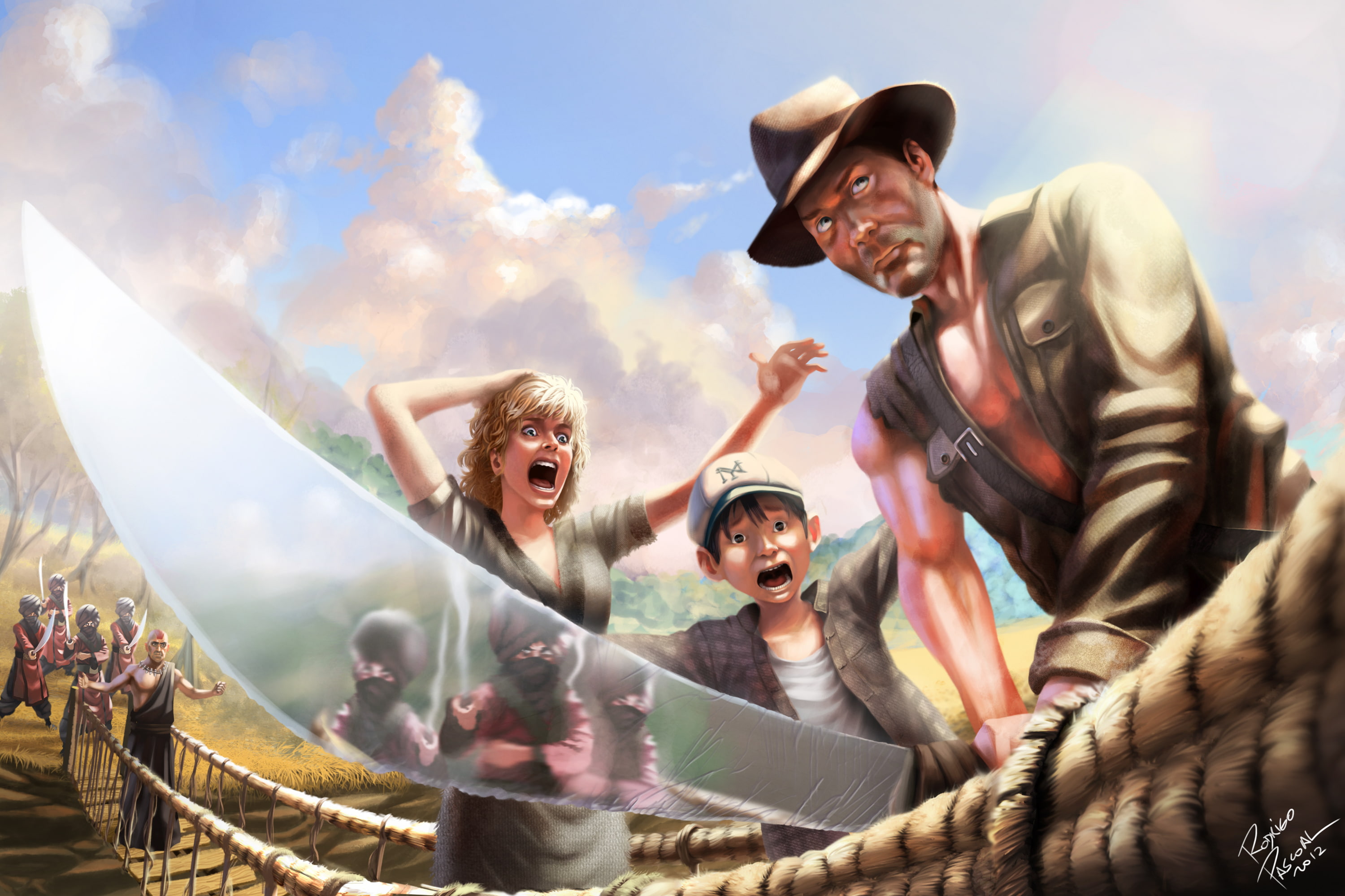 Harrison Ford, hat, man, girl, sword, boy, 2K, Indiana Jones and the Temple of Doom, HD Wallpaper