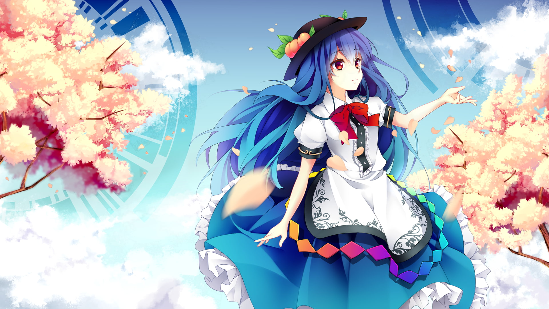 front view, touhou, women, low angle view, leisure activity, Anime, blue hair, flowering plant, day, lifestyles, hinanawi tenshi, real people, people, plant, HD Wallpaper