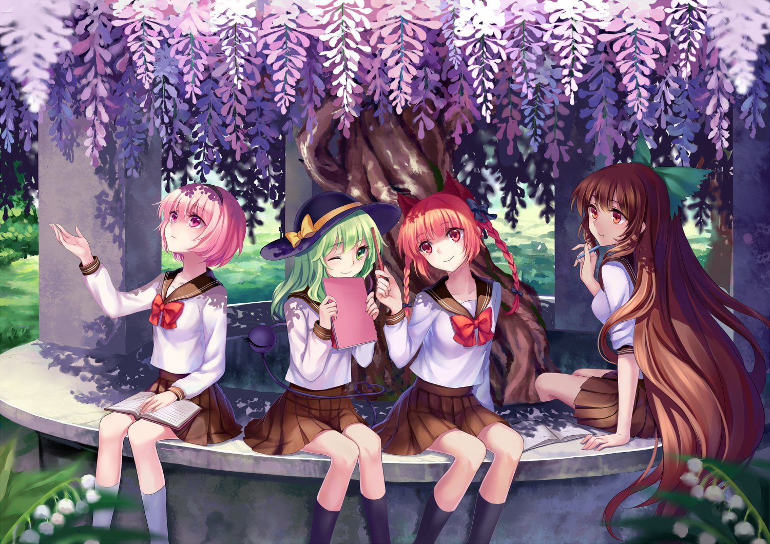 tree, Utsuho Reiuji, Satori Komeiji, sitting, girls, childhood, flower, Touhou, Koishi Komeiji, front view, hairstyle, people, females, plant, art and craft, HD Wallpaper
