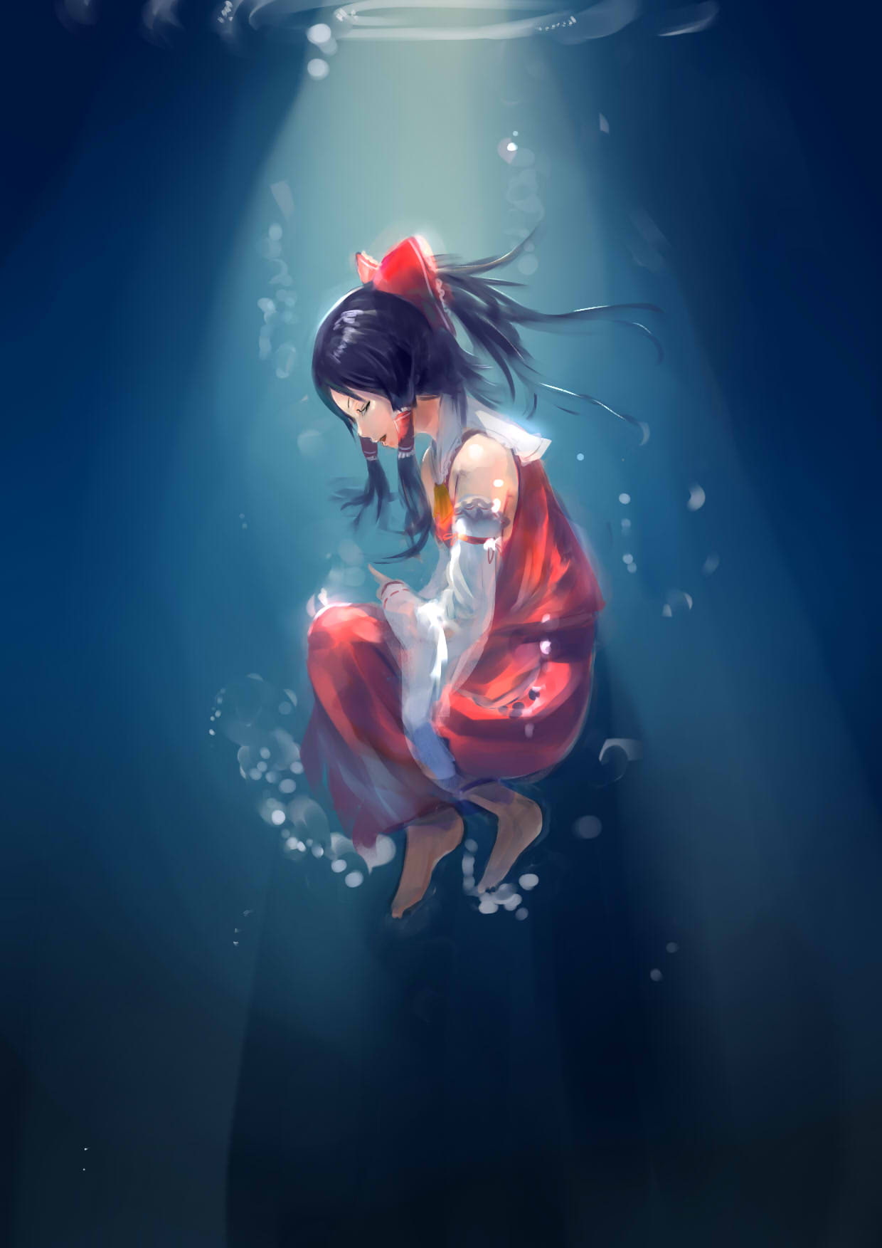Hakurei Reimu, women, undersea, beautiful woman, 720P, sea, animals in the wild, underwater, Touhou, nature, adult, young adult, marine, clothing, animal wildlife, Phone HD Wallpaper
