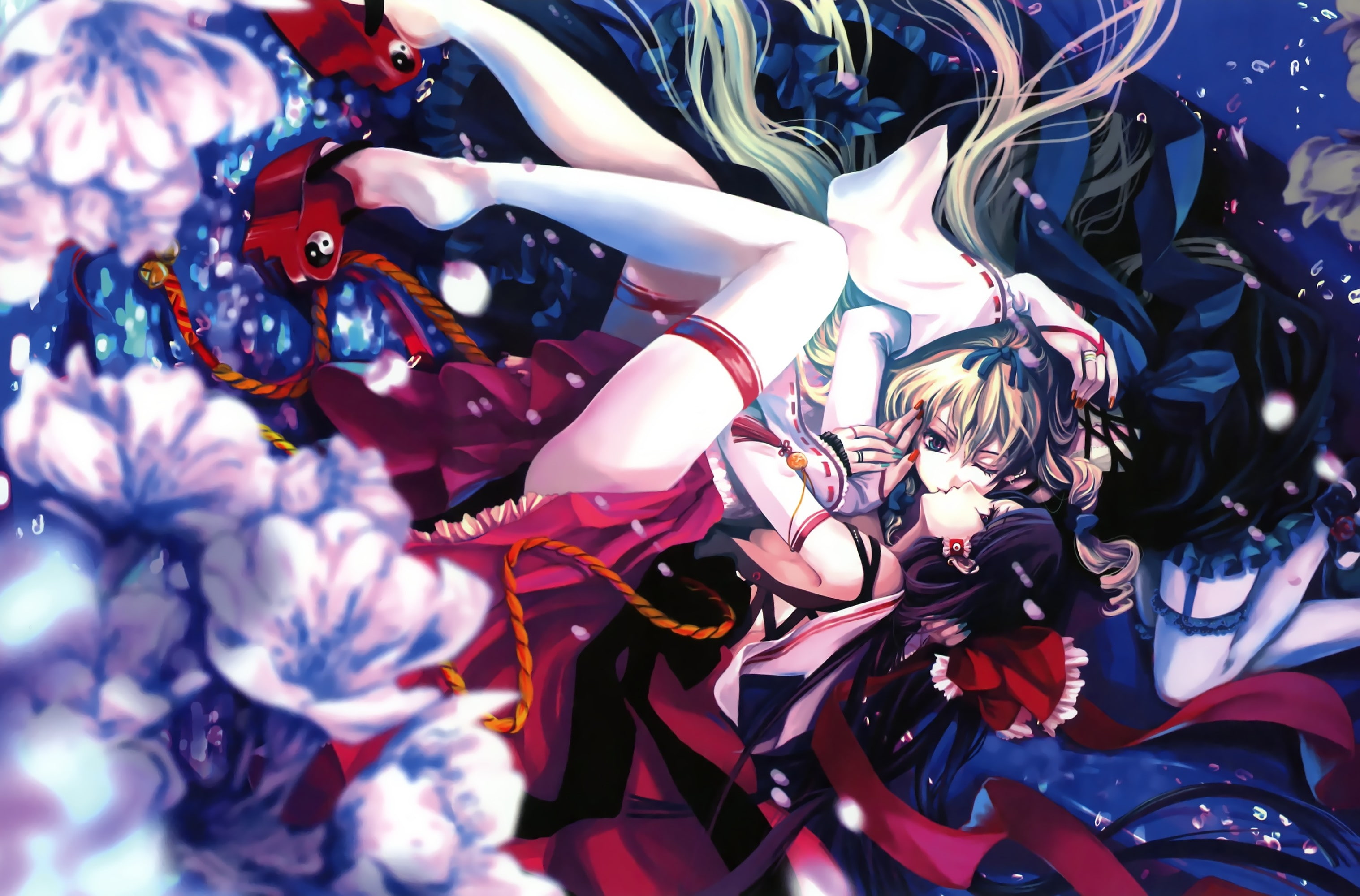 red ribbons, kissing, Yakumo Yukari, 2K, Hakurei Reimu, anime girls, anime, miko, Touhou, thigh-highs, HD Wallpaper