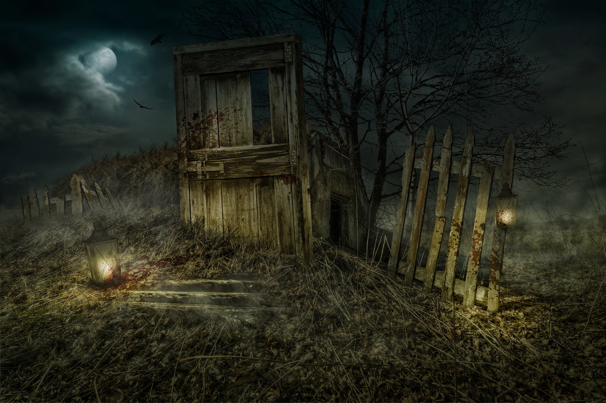building, nature, forest, land, Andrey Mikhaylov, spooky, dark fantasy, no people, cloud - sky, 1080P, night, architecture, dusk, house, plant, dark, 500px, HD Wallpaper