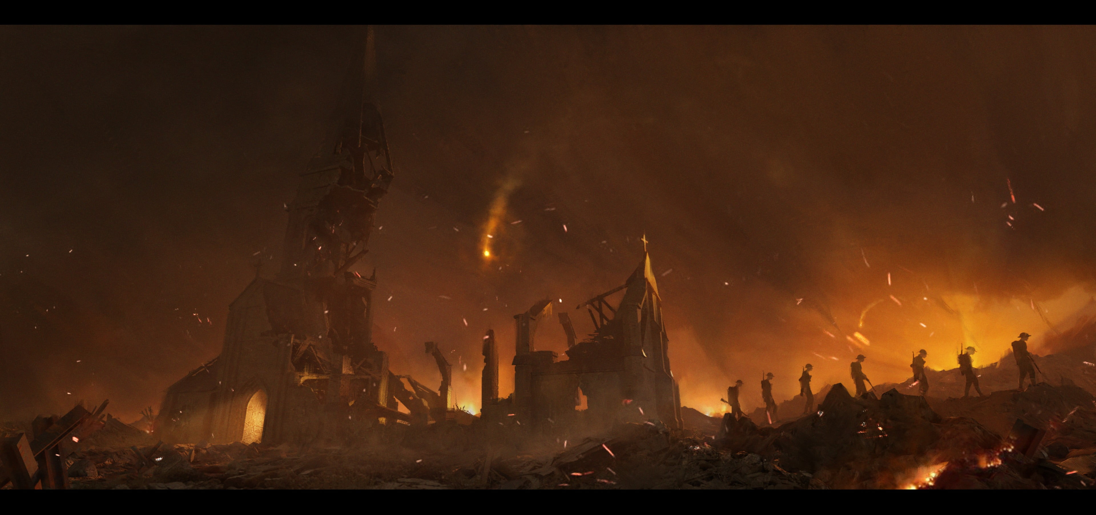 artwork, war, 1917, soldier, fire, ruins, 4K, HD Wallpaper