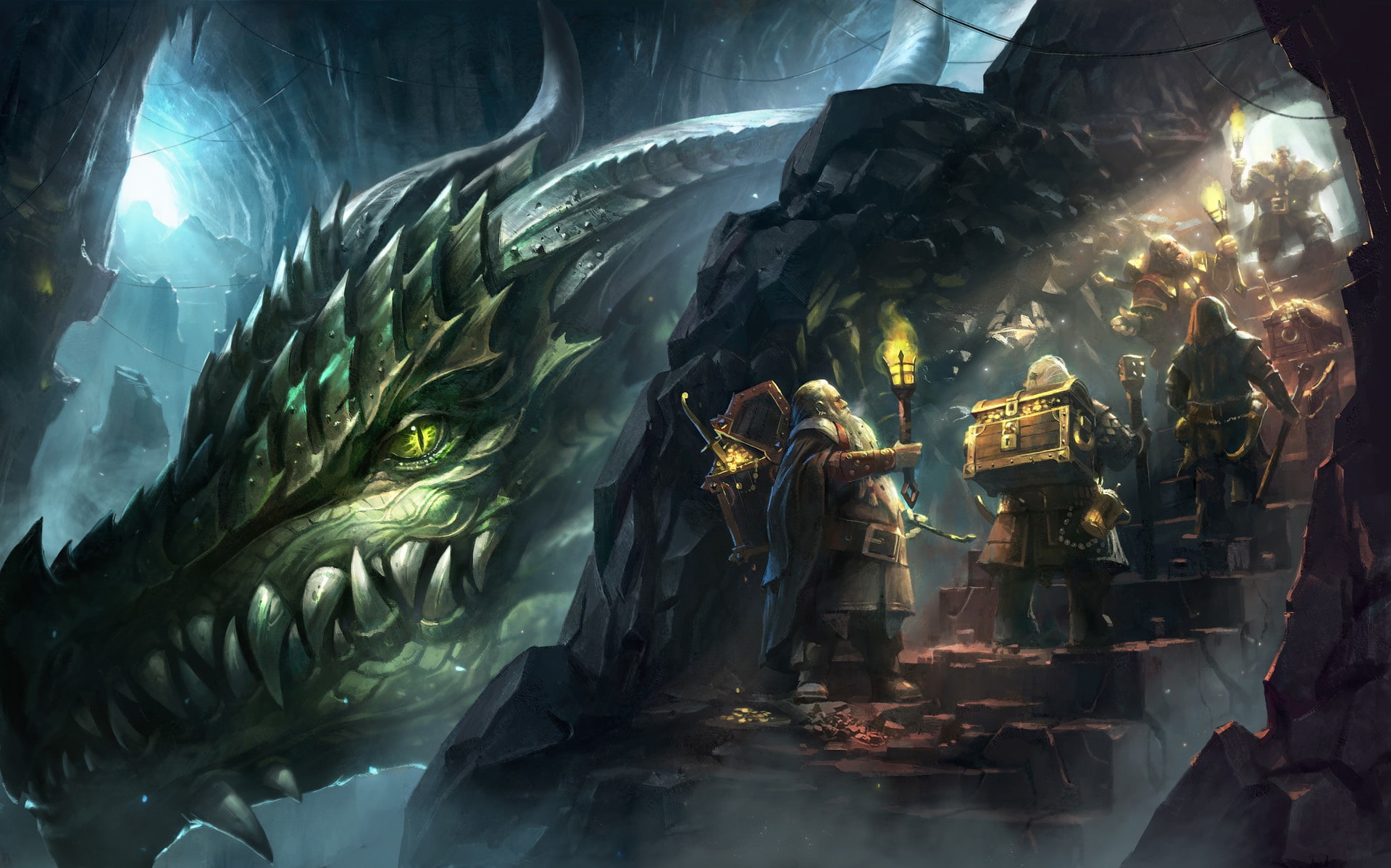 Torch, Fantasy, 1080P, Dragon, Dwarf, Treasure, Man, HD Wallpaper