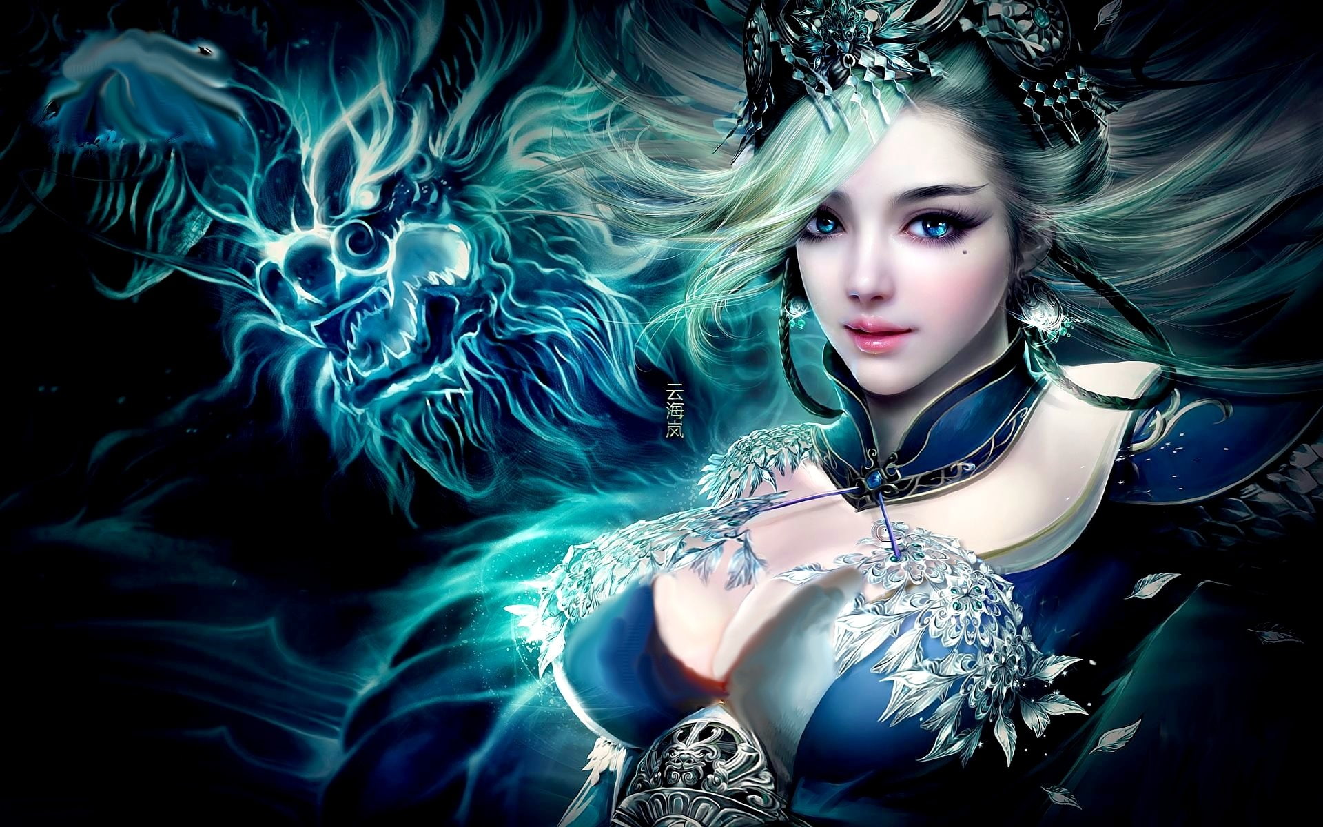 White Hair, Fantasy, 1080P, Woman, Oriental, Dragon, Women, Blue Eyes, Girl, HD Wallpaper