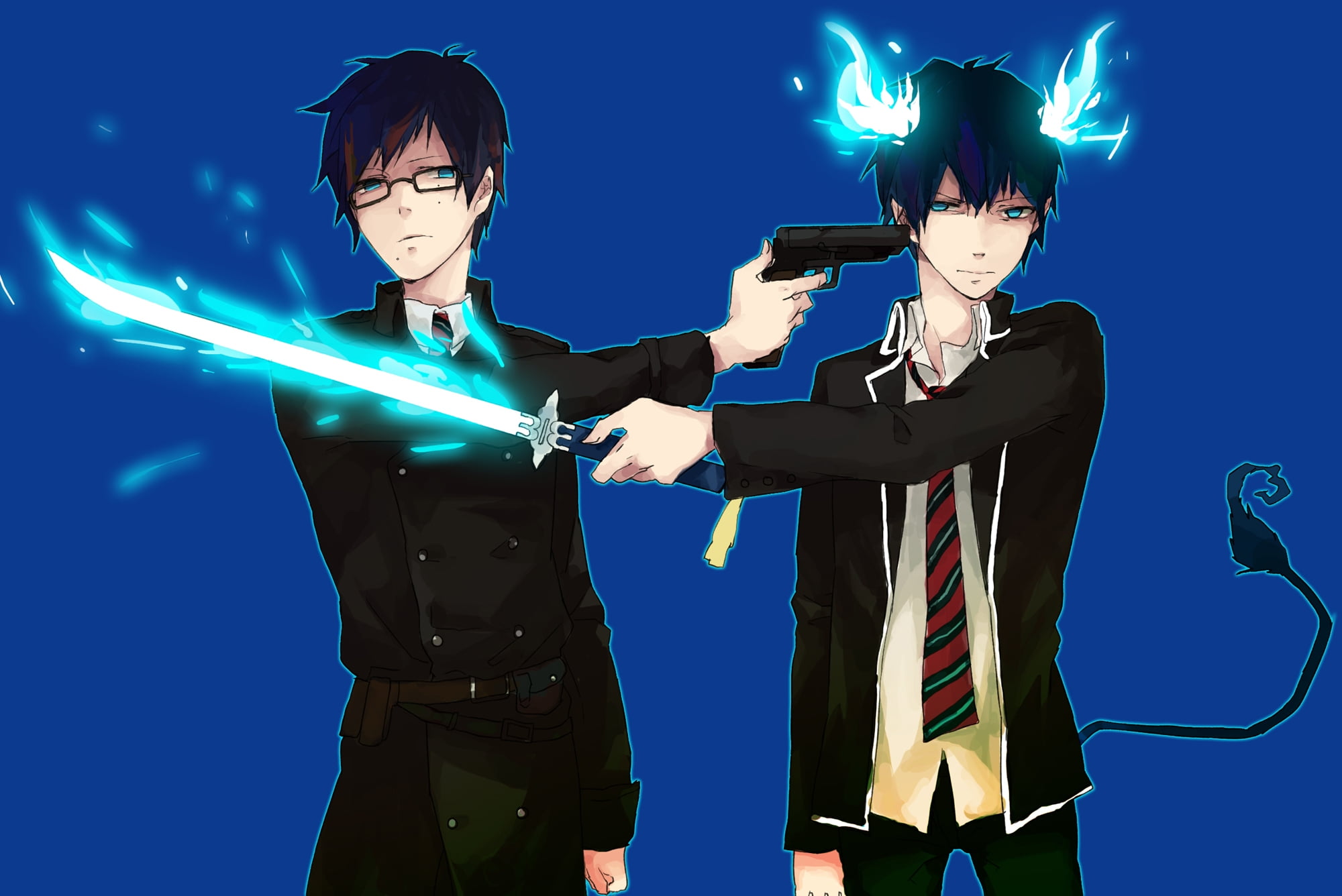 blue background, backgrounds, threat, suit, guys, standing, businessman, illuminated, waist up, anime, women, illustration, technology, handgun, front view, HD Wallpaper