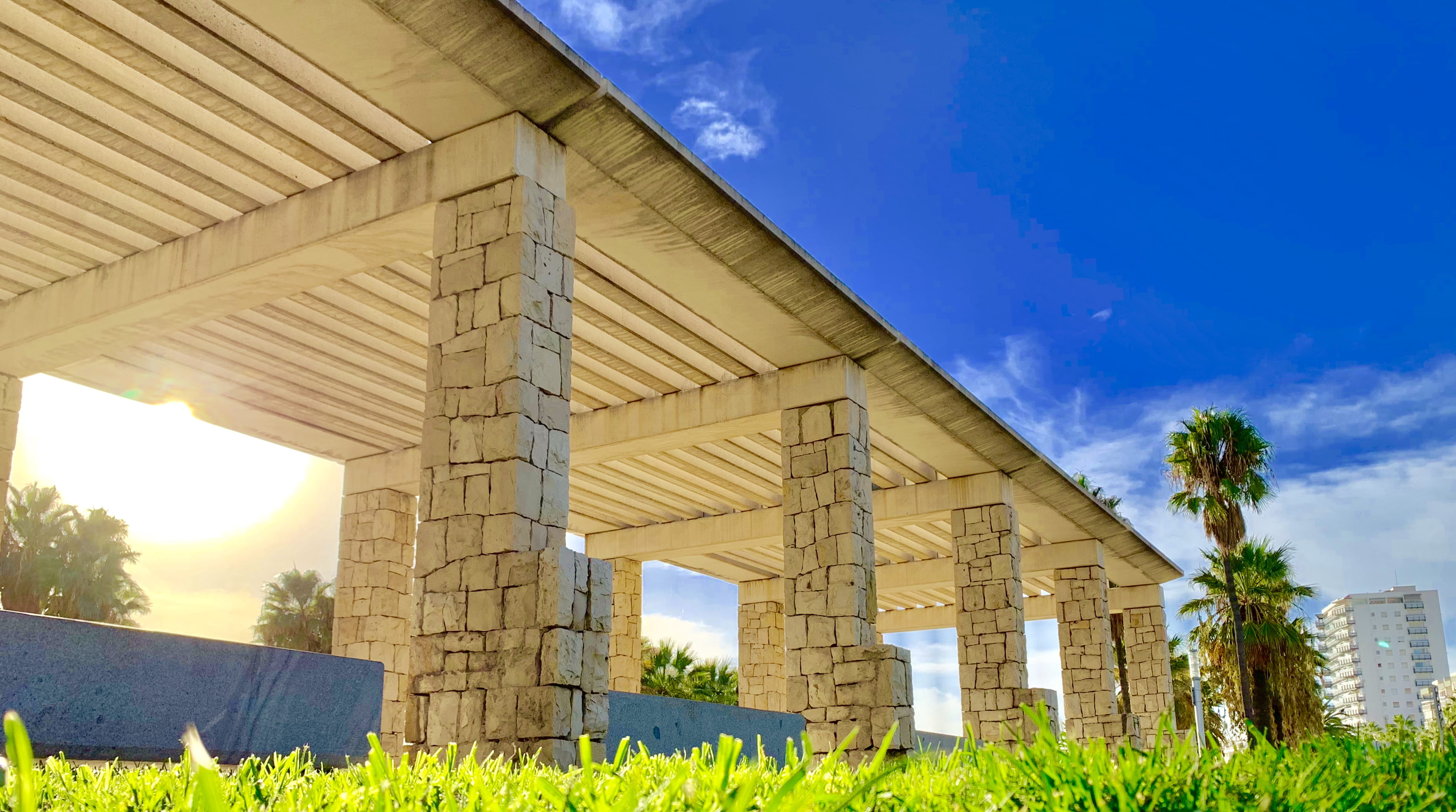 bridge - man made structure, coconut, blue, salou, connection, arecaceae, vegetation, palm tree, horizon, cloud - sky, plant, jar, potted plant, growth, HD Wallpaper