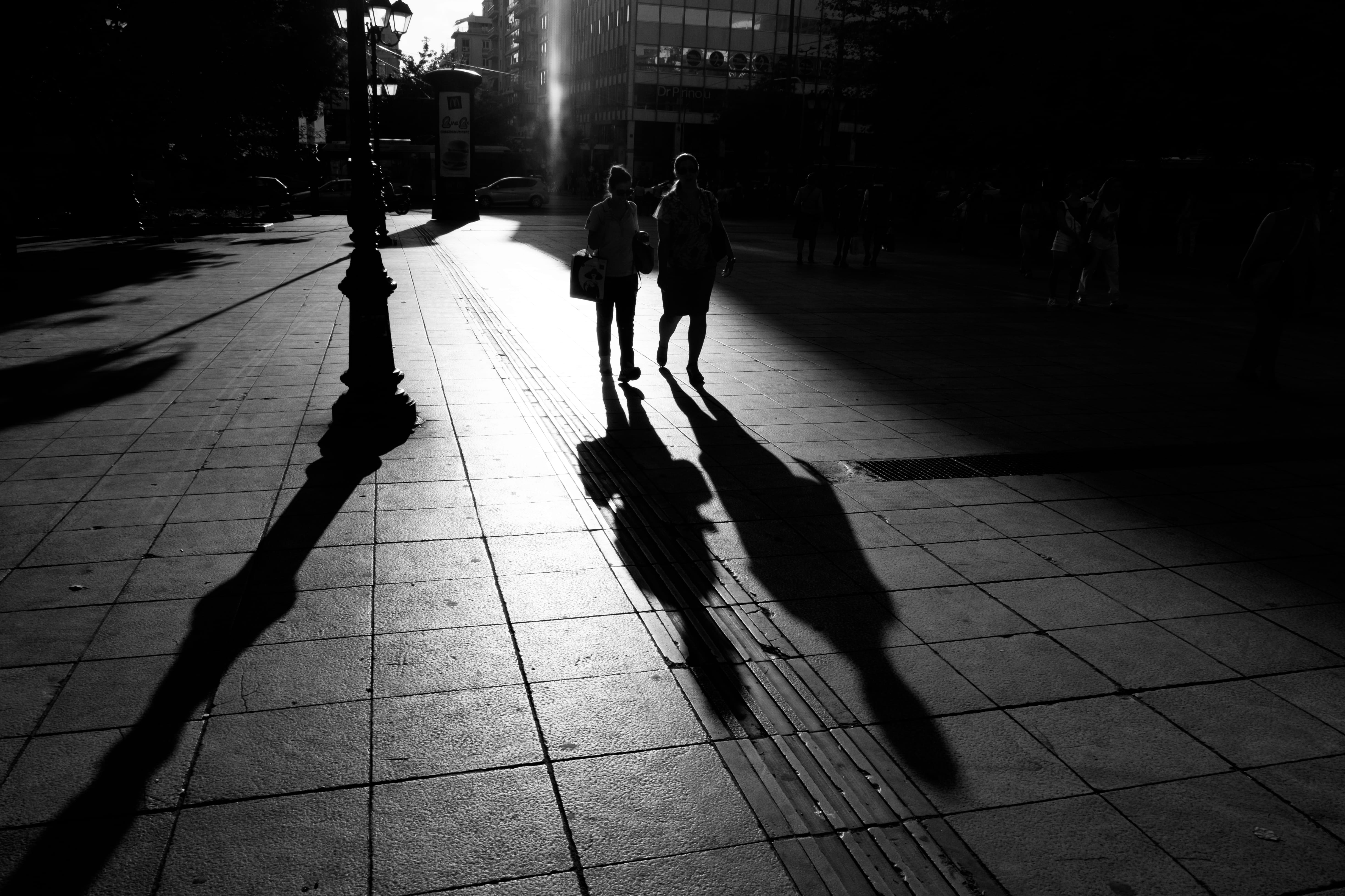 walking, women, lifestyles, men, outdoors, city, nature, 4K, shadow, rear view, footpath, contrast, sunlight, city life, sun, sidewalk, athina, syntagma square, HD Wallpaper