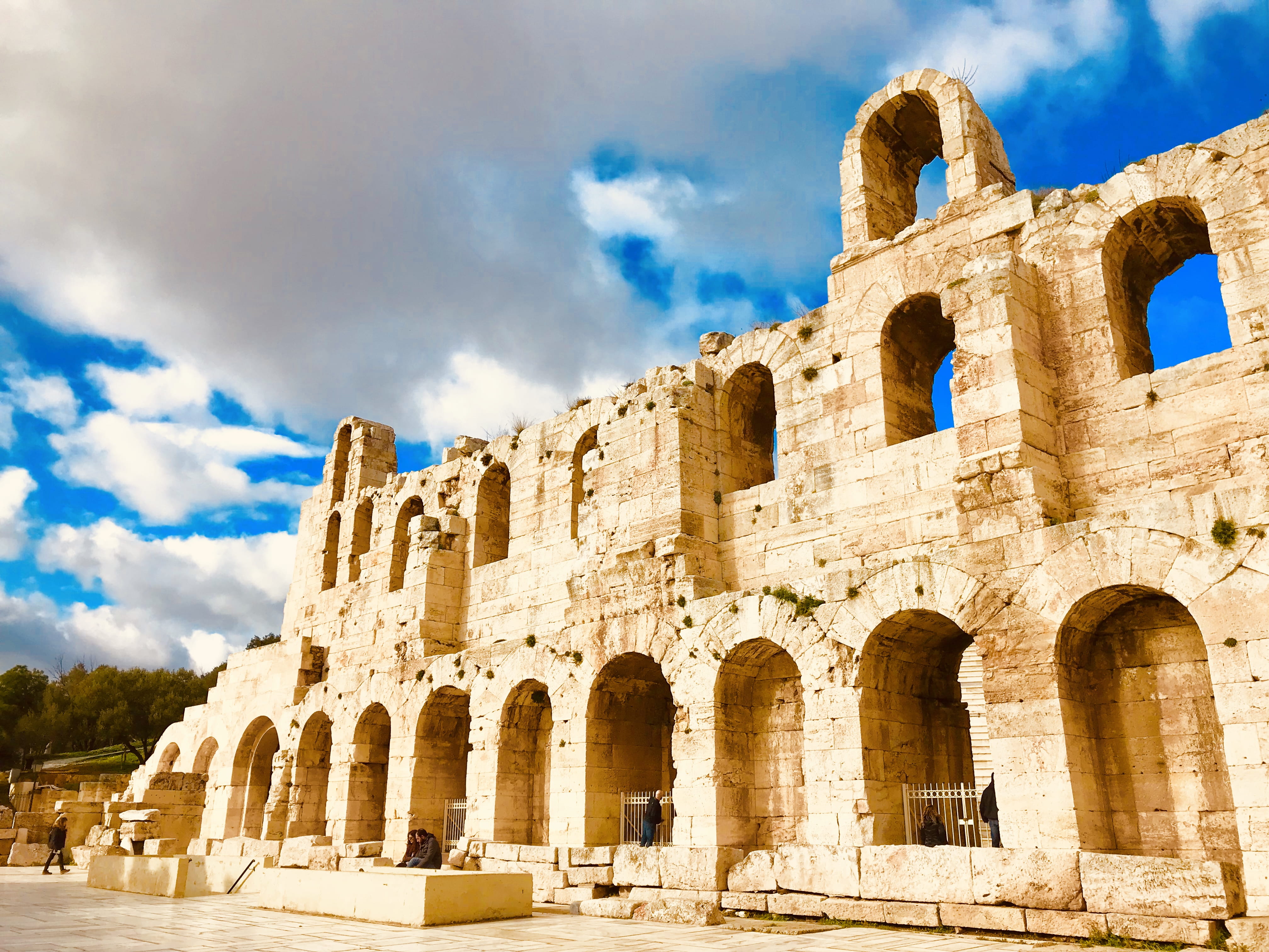 athina, person, soil, the past, architecture, day, ancient, travel destinations, theatro irodou attikou, palm tree, arena, travel, archaeology, fort, cloud - sky, HD Wallpaper