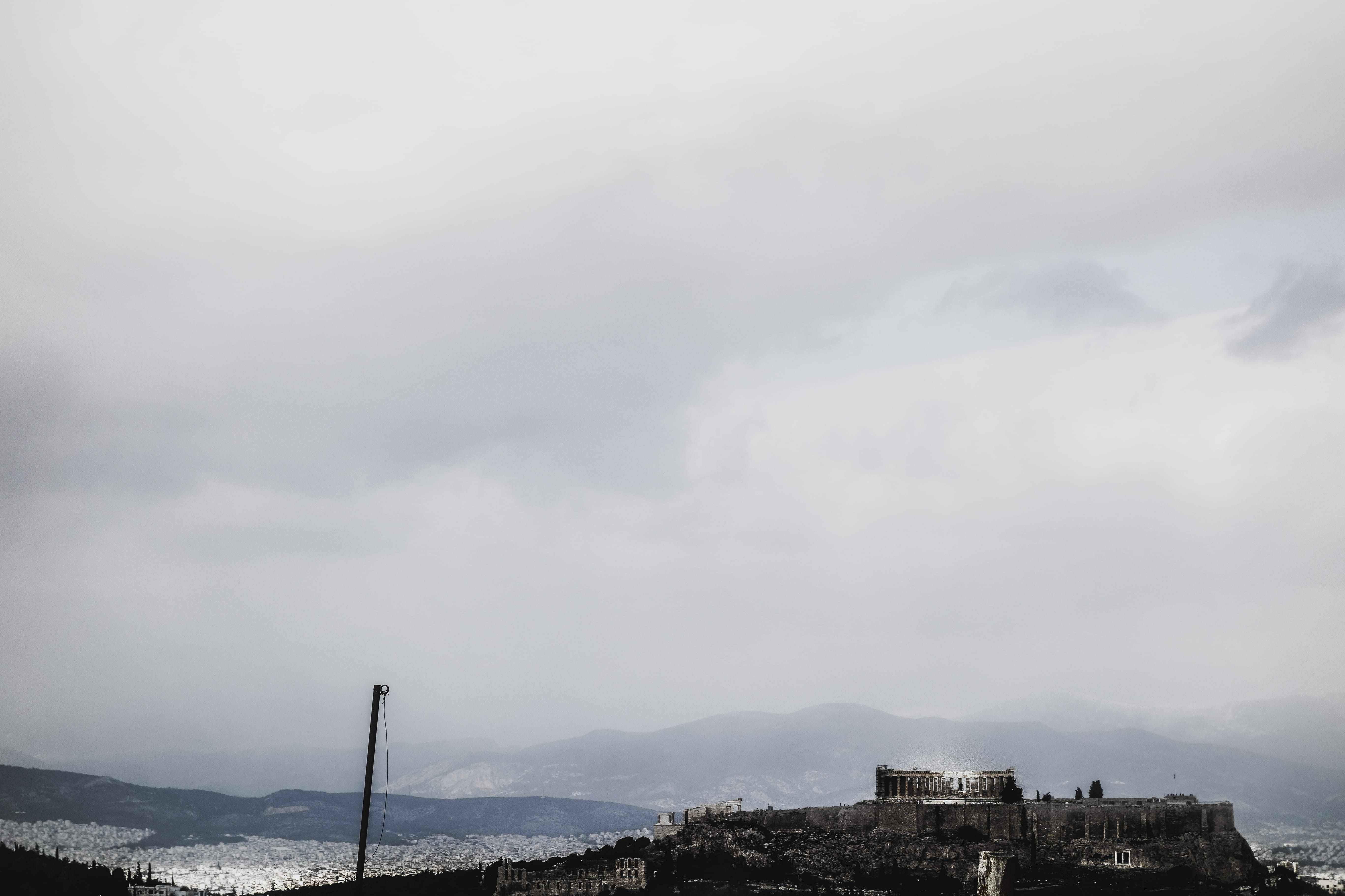 overcast, mountain, photography, travel destinations, buildings, ancient civilization, day, urban, 5K, acropolis, white, nature, view, building, athina, HD Wallpaper