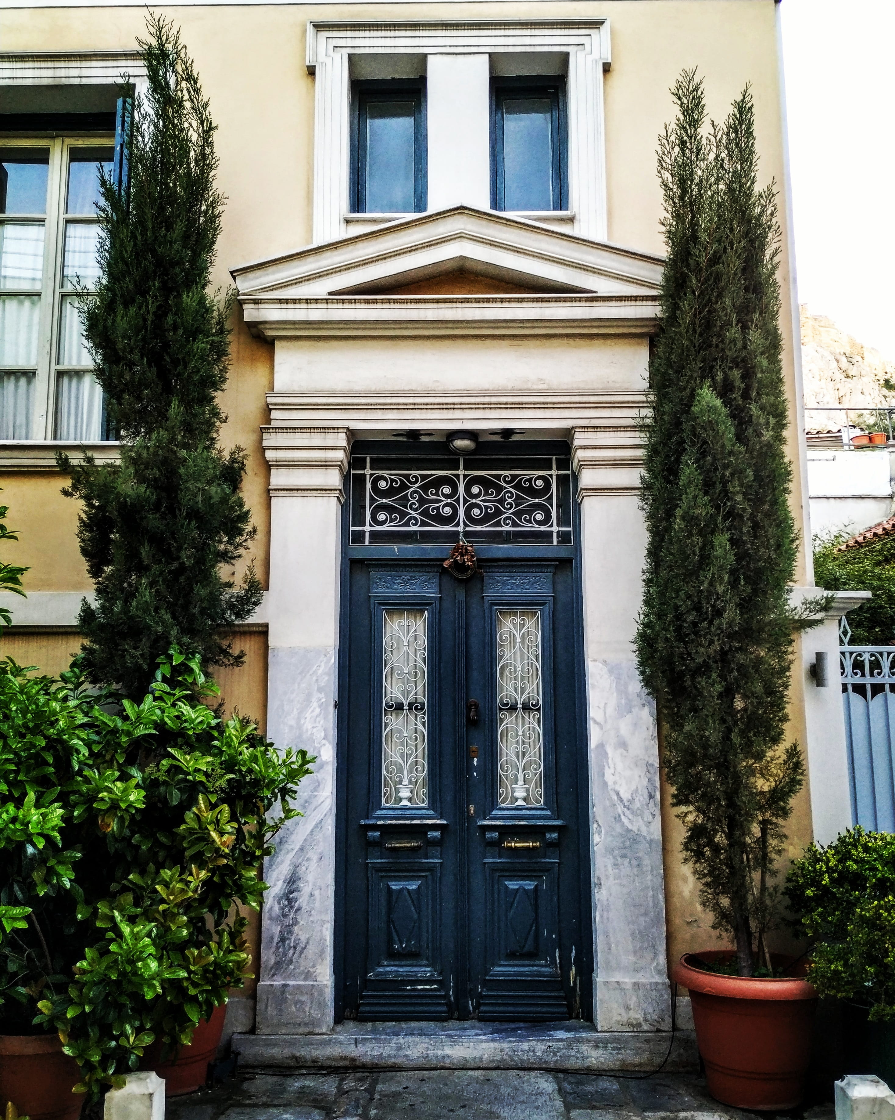 pot, athina, closed, outdoors, planter, home decor, city, door, herbs, built structure, black, tree, abies, window, 2K, residential district, building exterior, Phone HD Wallpaper