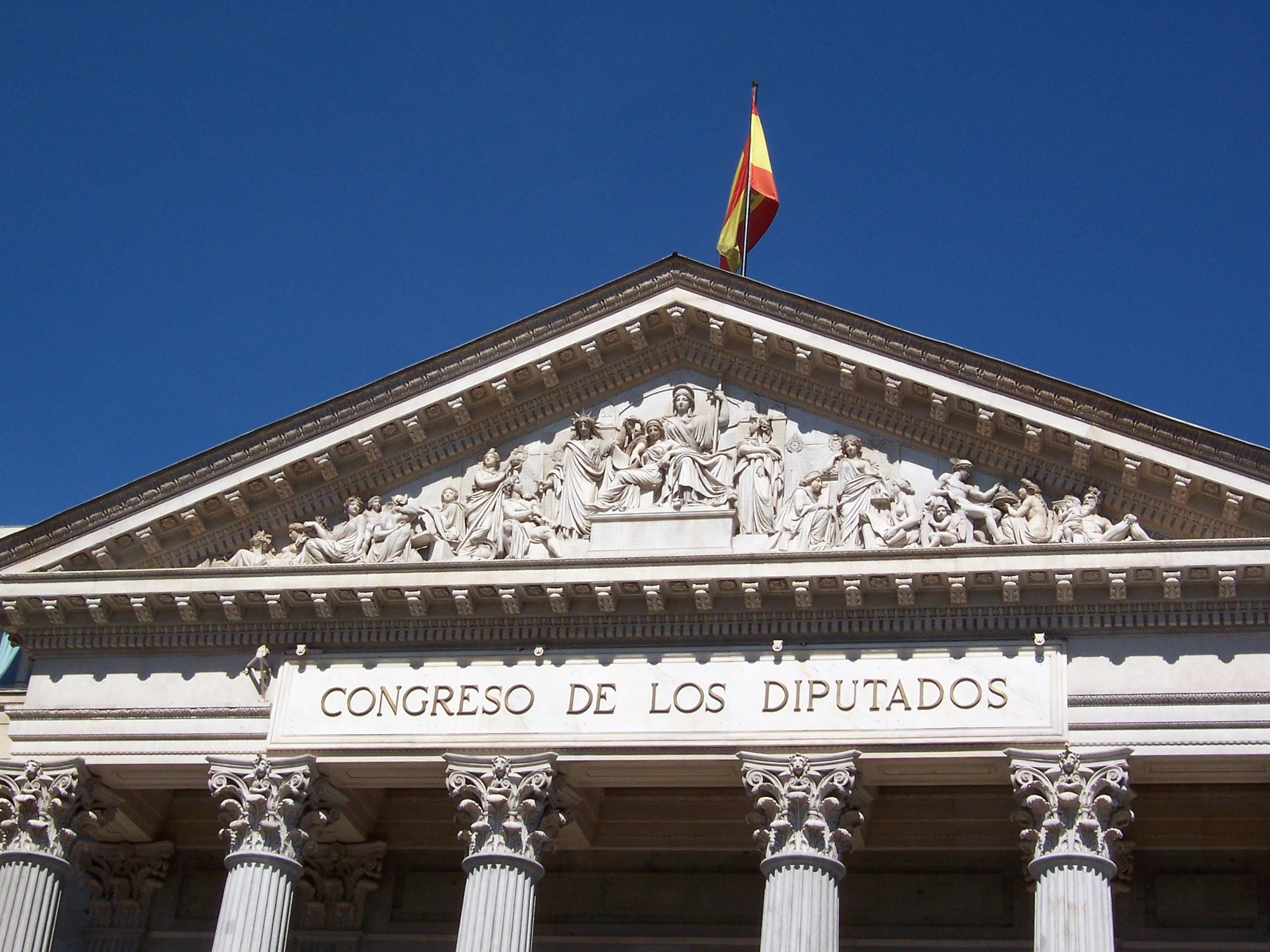 government, building exterior, low angle view, clear sky, sky, pediment, blue, flag, spain, diputados, 1080P, travel destinations, madrid, congress, architecture, HD Wallpaper