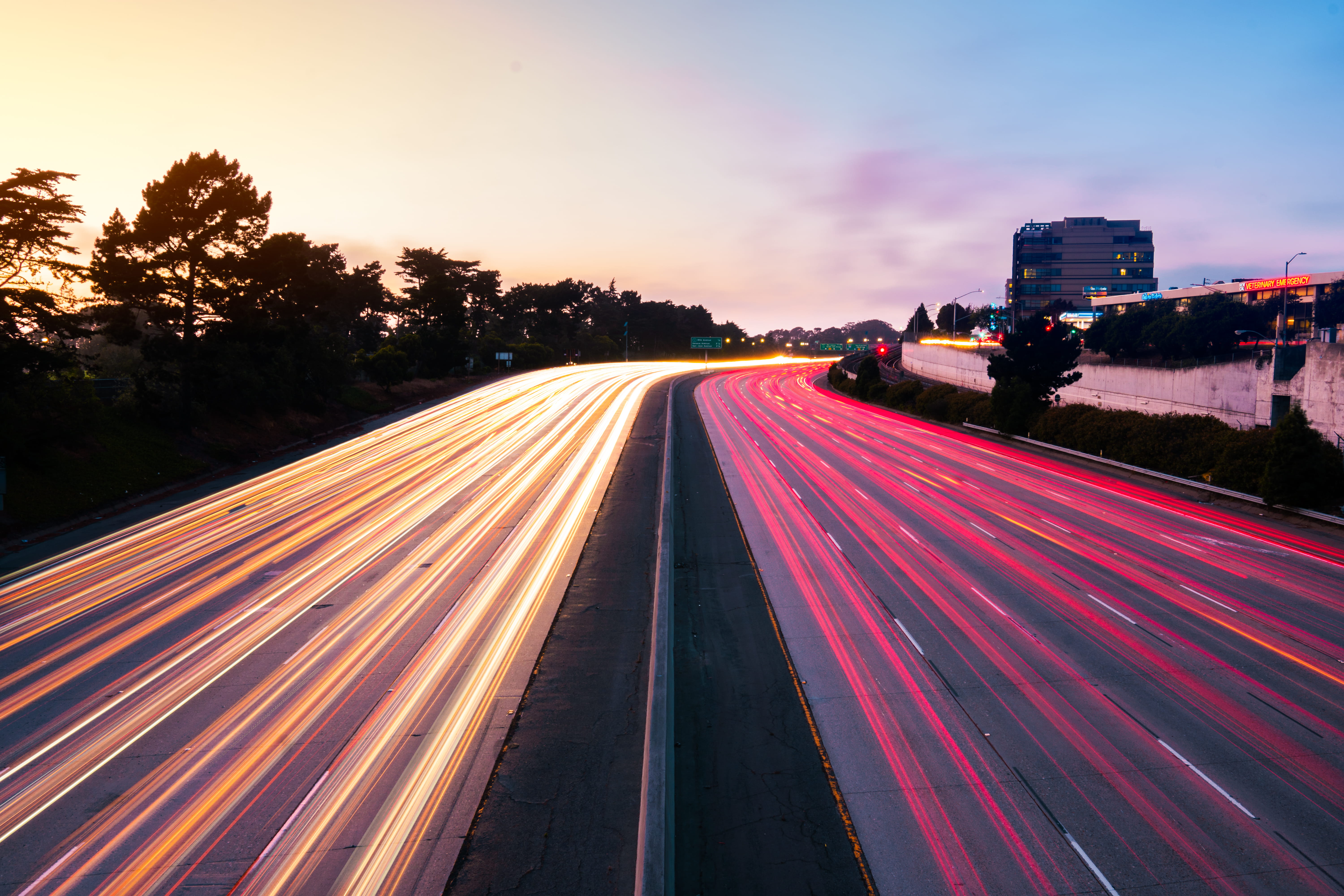 illuminated, sunset, street, colors, light trail, motion, new york, buldings, way, tree, 5K, la, speed, dusk, architecture, transportation, highway, no people, HD Wallpaper