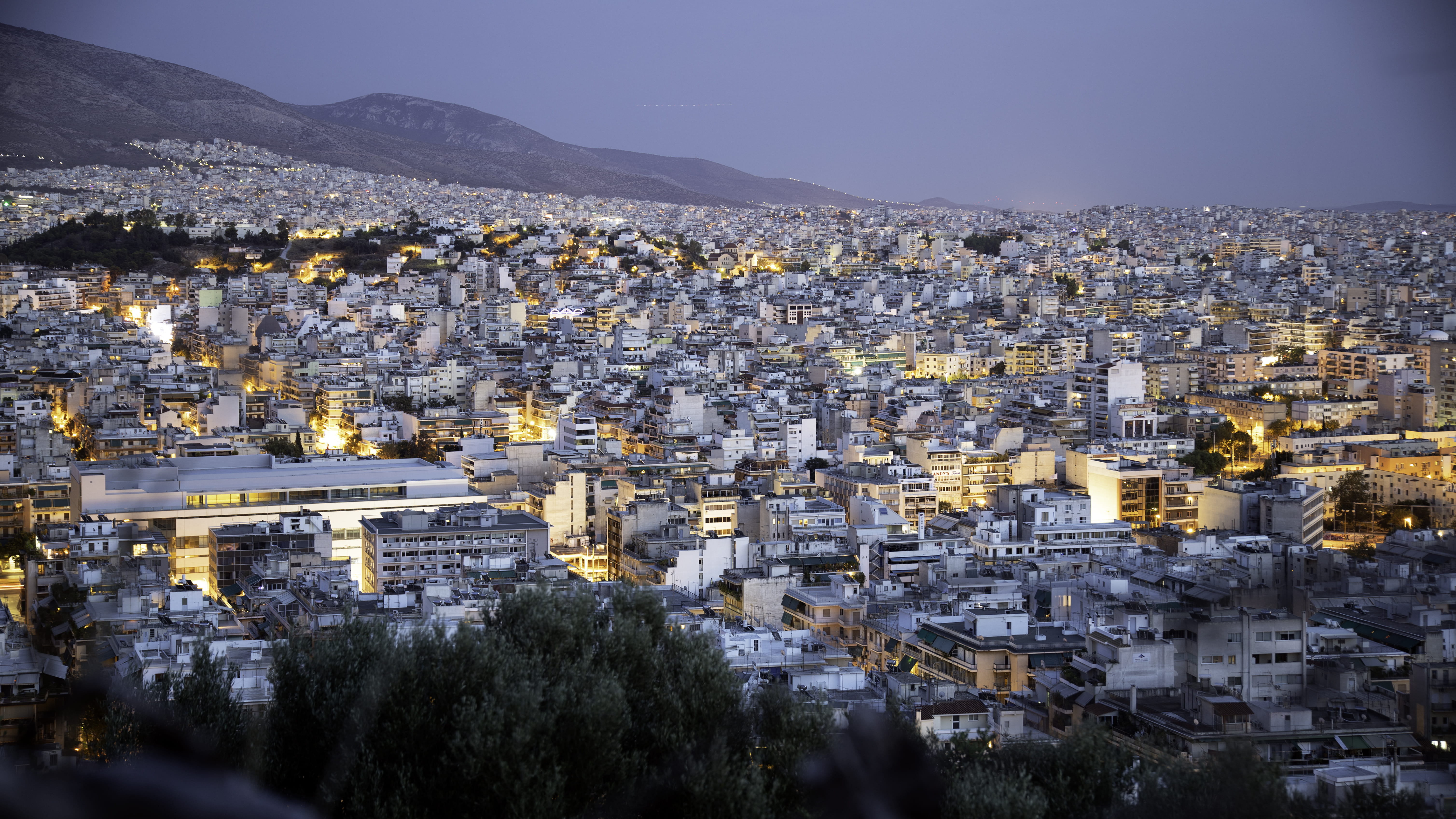 athina, built structure, community, crowded, scenery, buildings, travel destinations, dark, mountain, evening, night, 5K, sky, greece, urban, landscape, HD Wallpaper