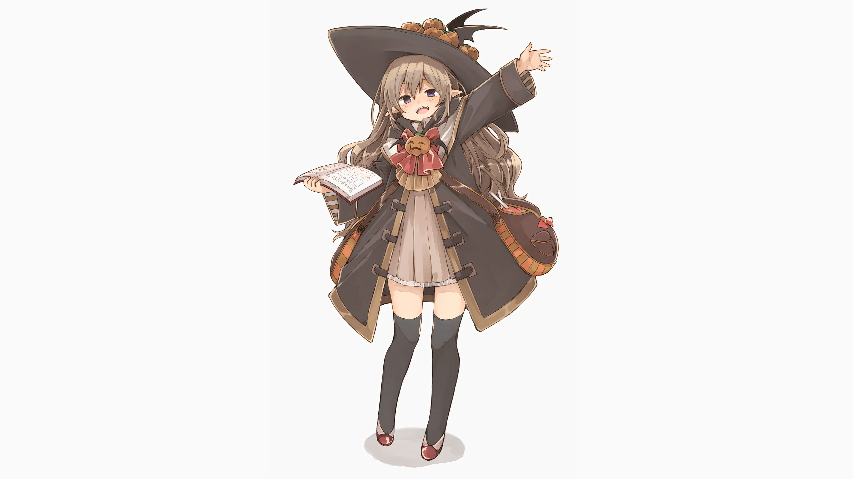 2K, Anime, smiling, dress, halloween, anime girl, book, witch, elf ears, HD Wallpaper