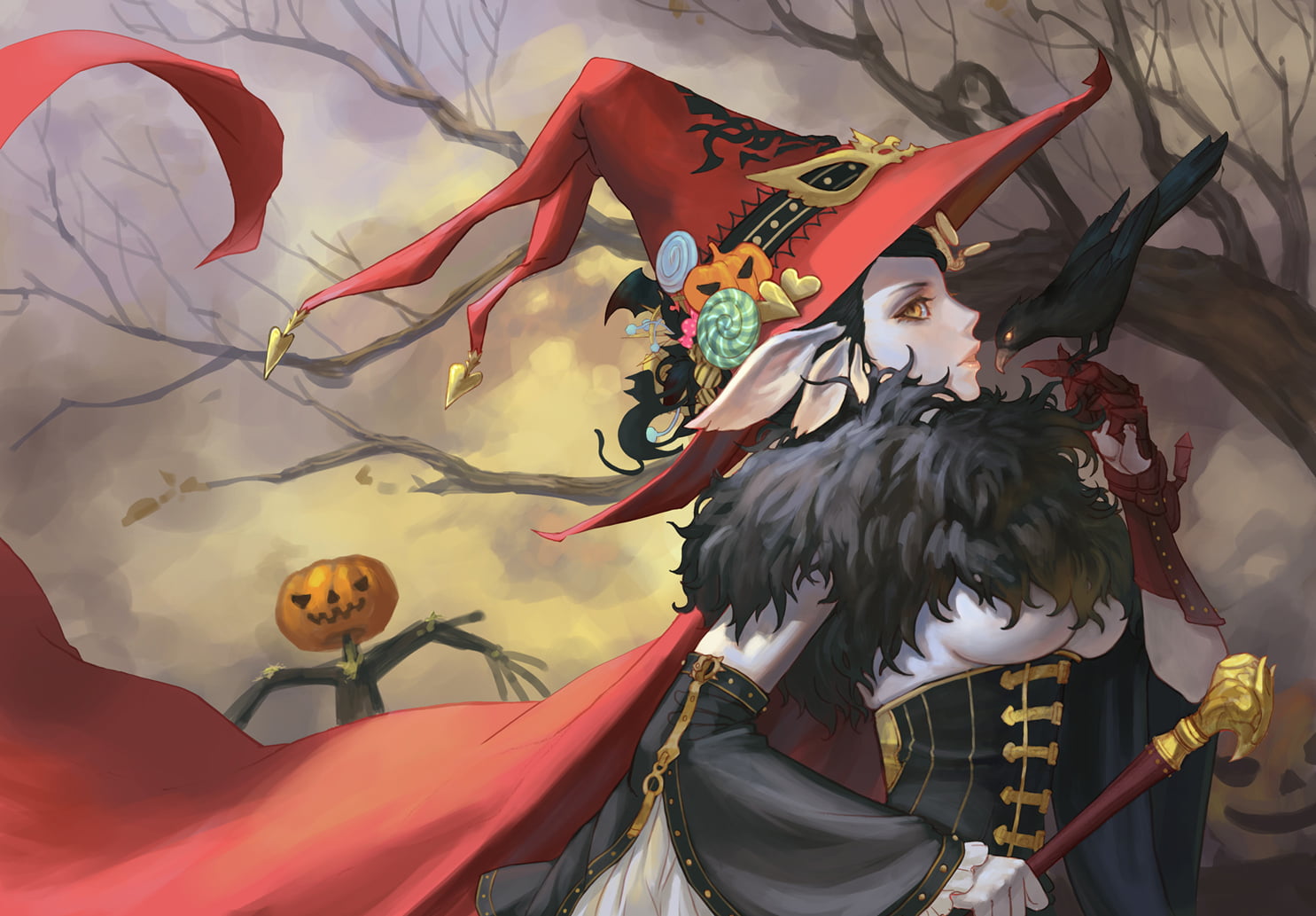 witch hat, elf ears, black hair, fantasy art, 720P, candy, mask, pumpkin, Halloween, crow, yellow eyes, fantasy girl, HD Wallpaper