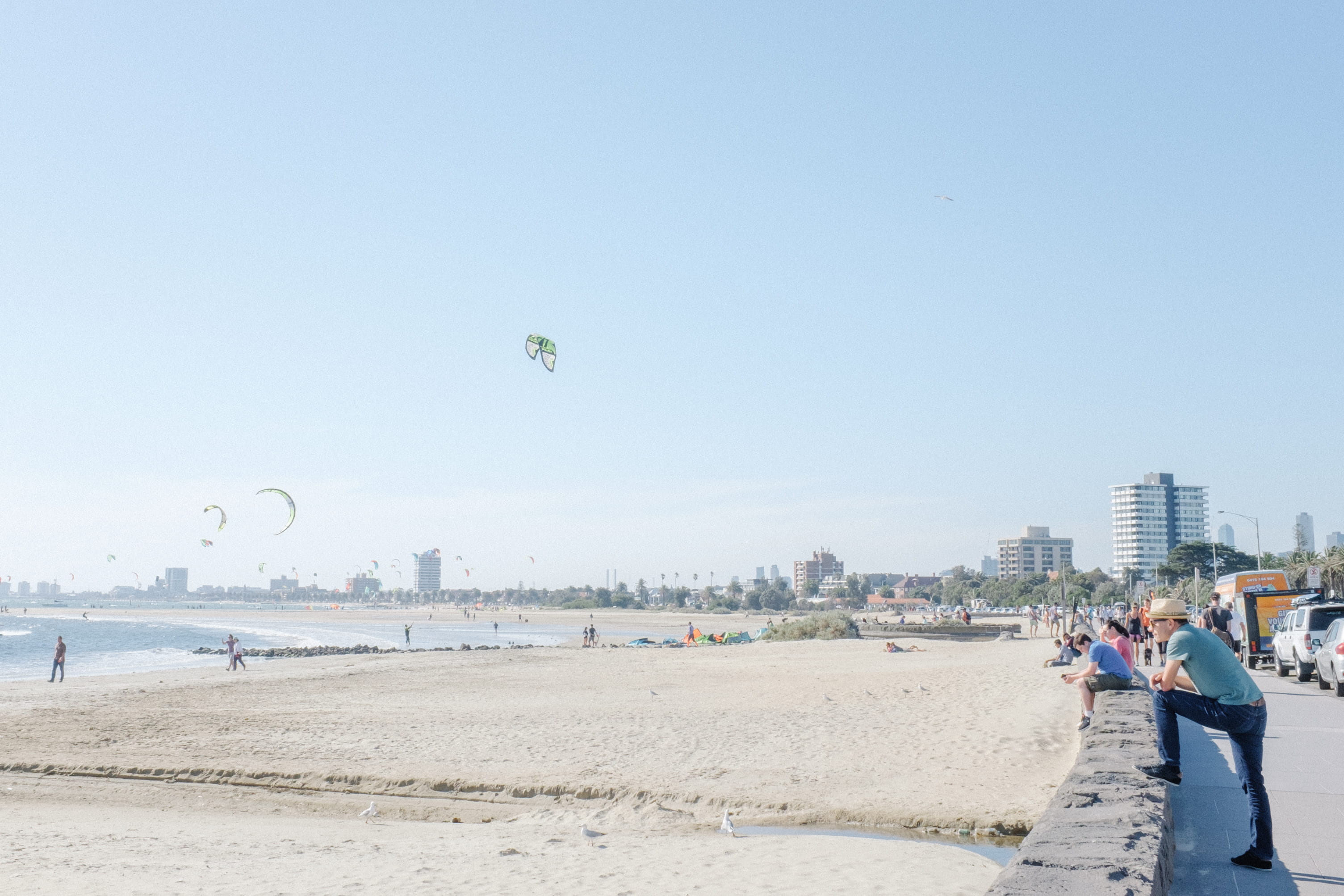 kites, real people, summer, day, surfing, tourist, adventure, st kilda beach, warm, melbourne, australia, sky, men, extreme sports, sand, sea, clear sky, HD Wallpaper
