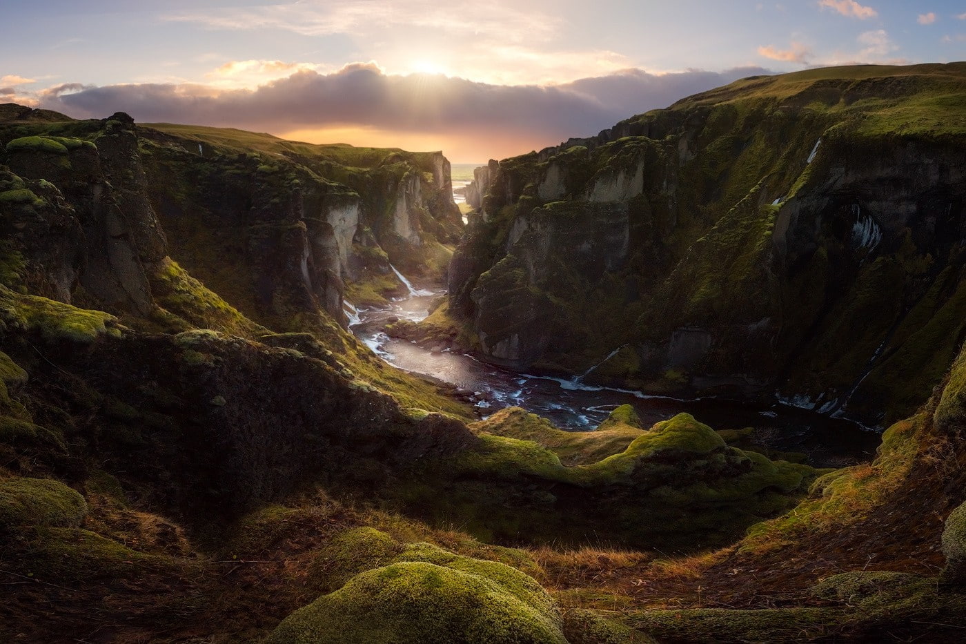 720P, rock, sky, Iceland, tranquility, mountain, canyon, sunset, landscape, cloud - sky, sunlight, mountain range, no people, outdoors, lens flare, environment, HD Wallpaper