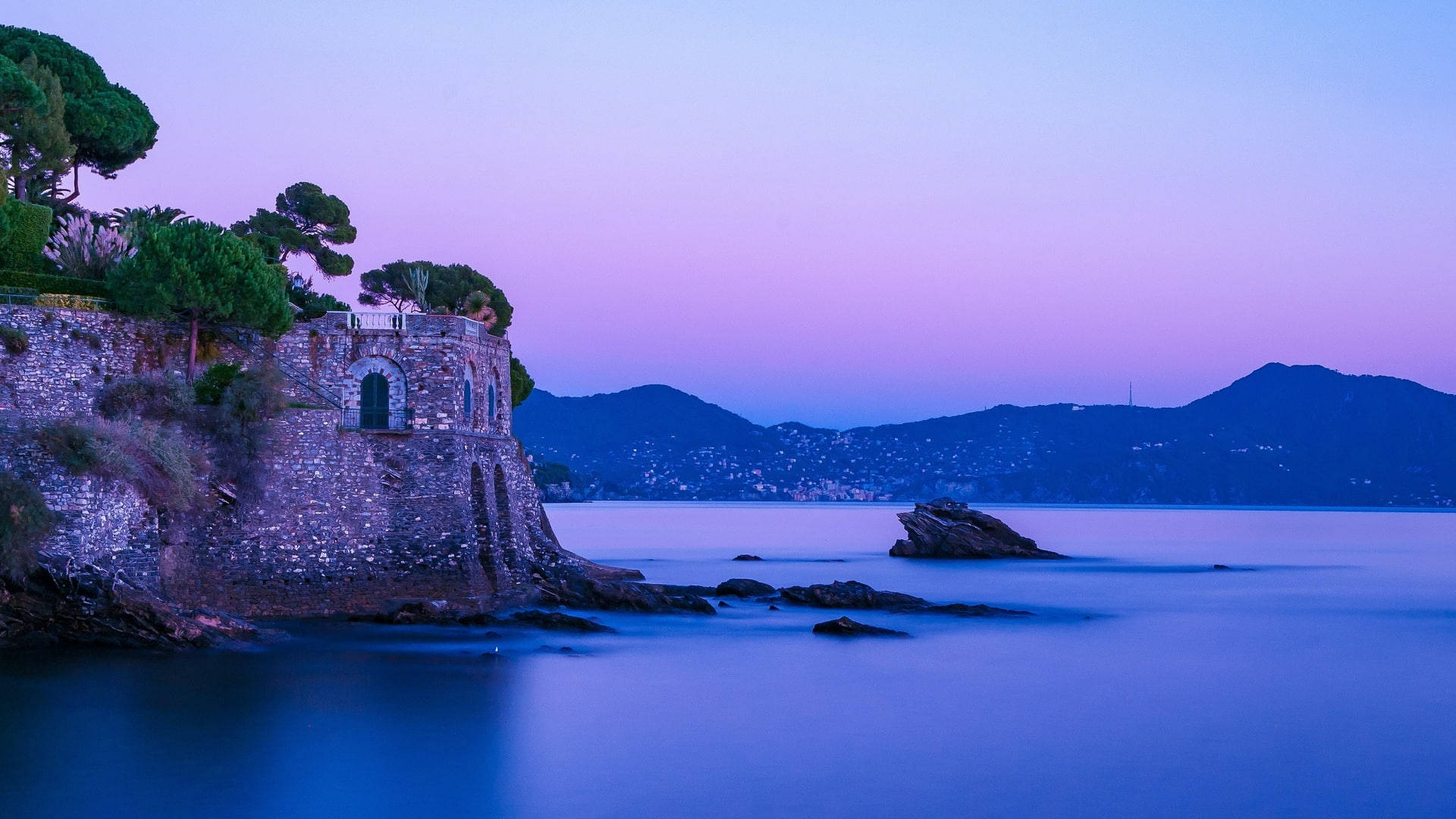 evening, rock, fortress, long exposure, sea, clear sky, Italy, 1080P, landscape, mountains, old building, nature, Nervi, HD Wallpaper