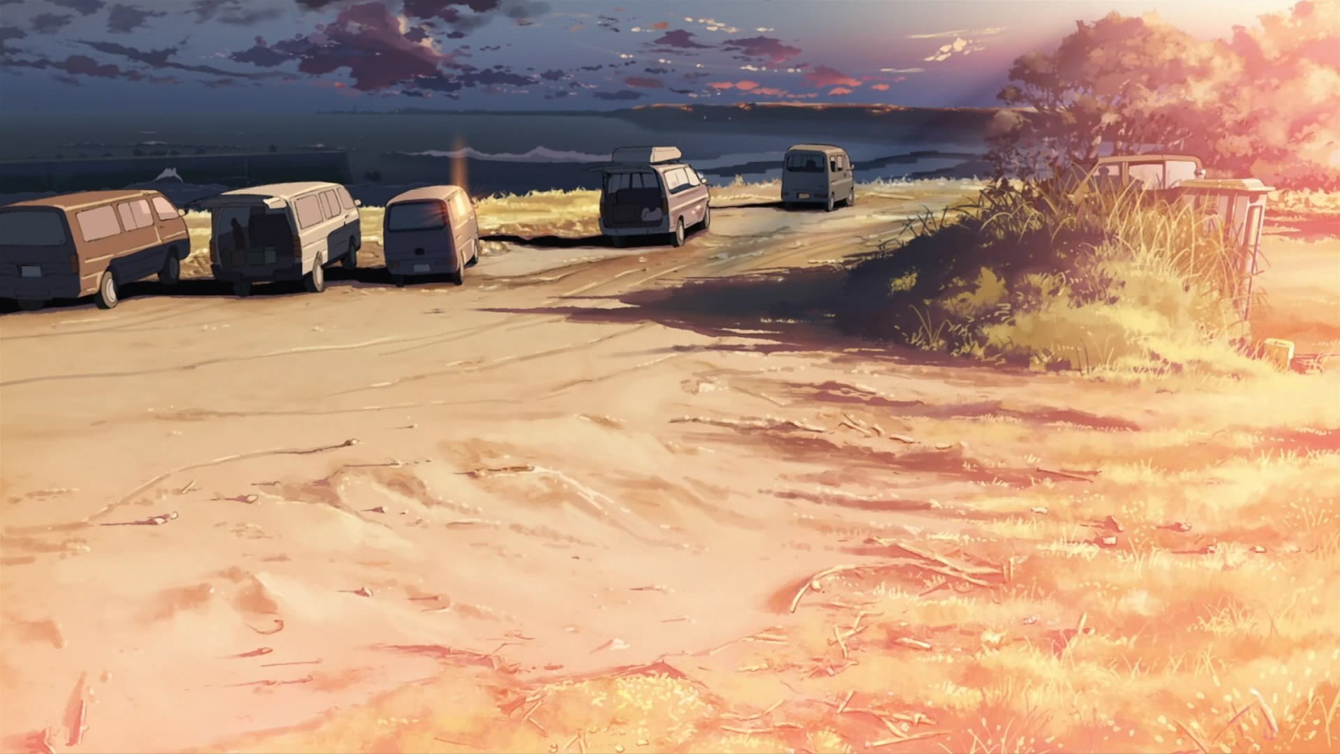 beauty in nature, no people, vehicles, sky, outdoors, day, building exterior, sunset, parked, artwork, nature, anime, beside, architecture, 5 Centimeters Per Second, HD Wallpaper