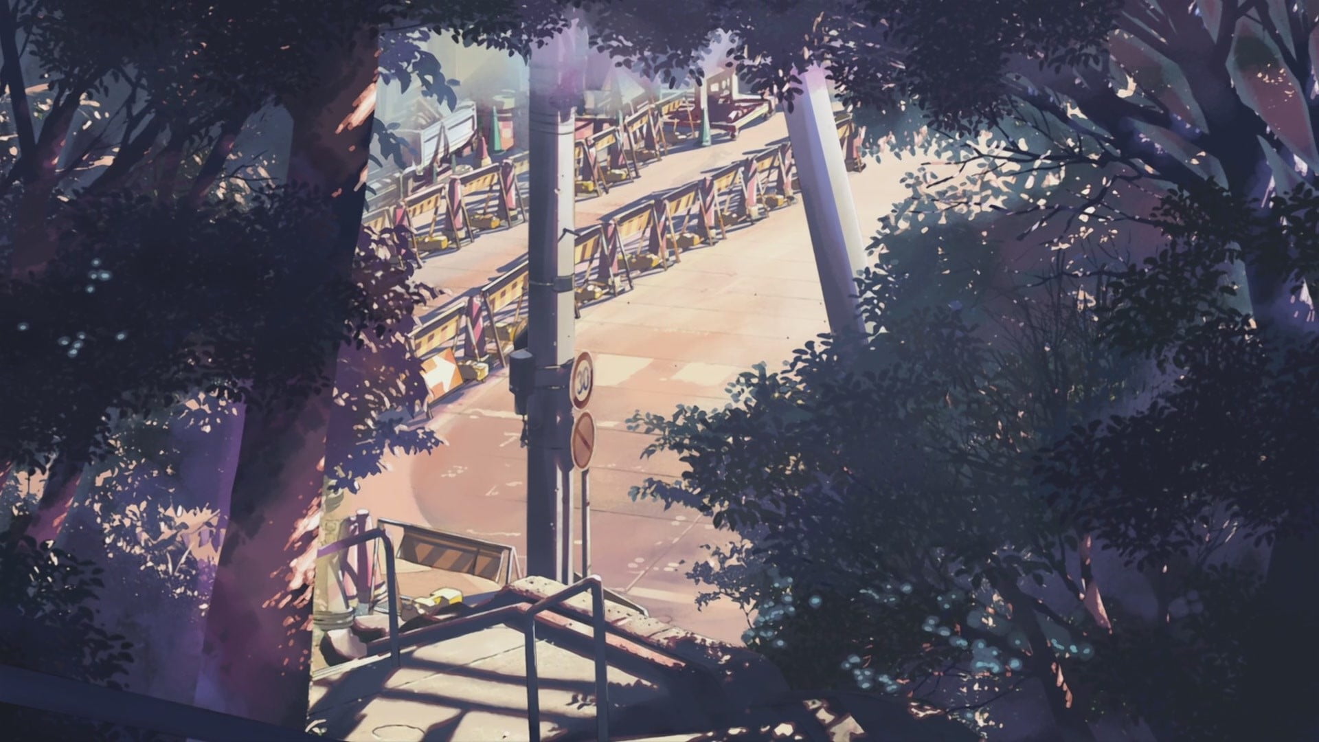 plant, outdoors, sunlight, day, trunk, anime, nature, artwork, street, green, architecture, illuminated, trees, Makoto Shinkai , no people, branch, city, HD Wallpaper