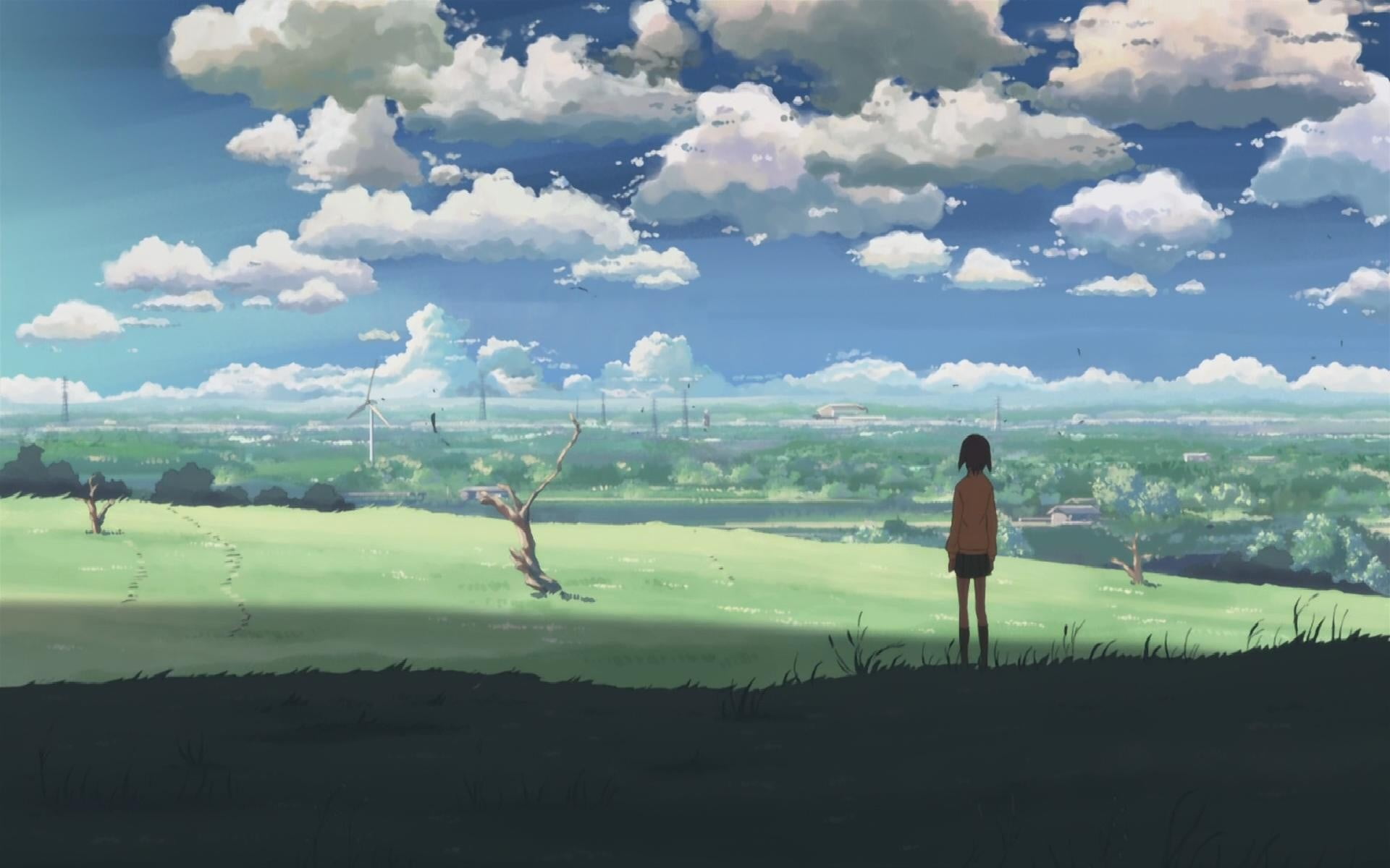rear view, sky, tranquil scene, nature, environment, real people, land, anime, plant, lifestyles, anime girls, leisure activity, 5 Centimeters Per Second, HD Wallpaper