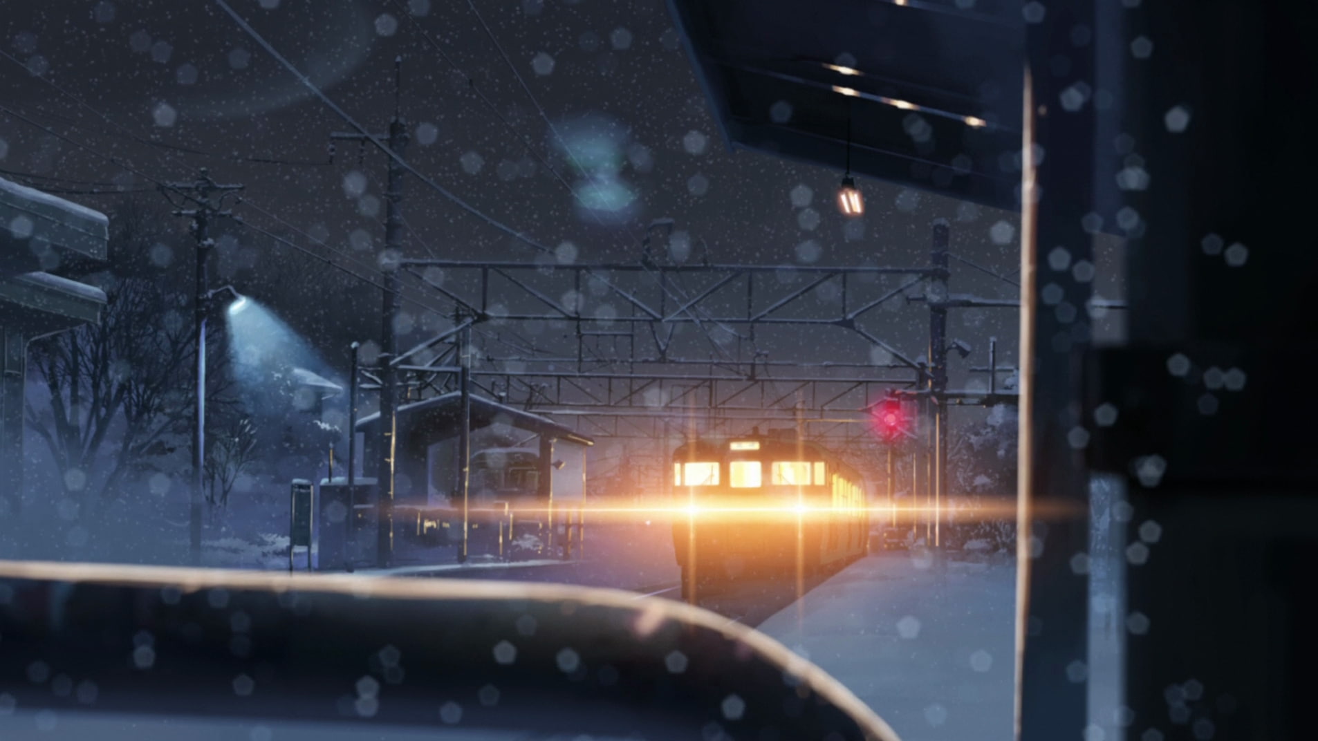 illuminated, built structure, no people, city, car, Makoto Shinkai, cold temperature, glass - material, motor vehicle, snowing, transportation, architecture, HD Wallpaper