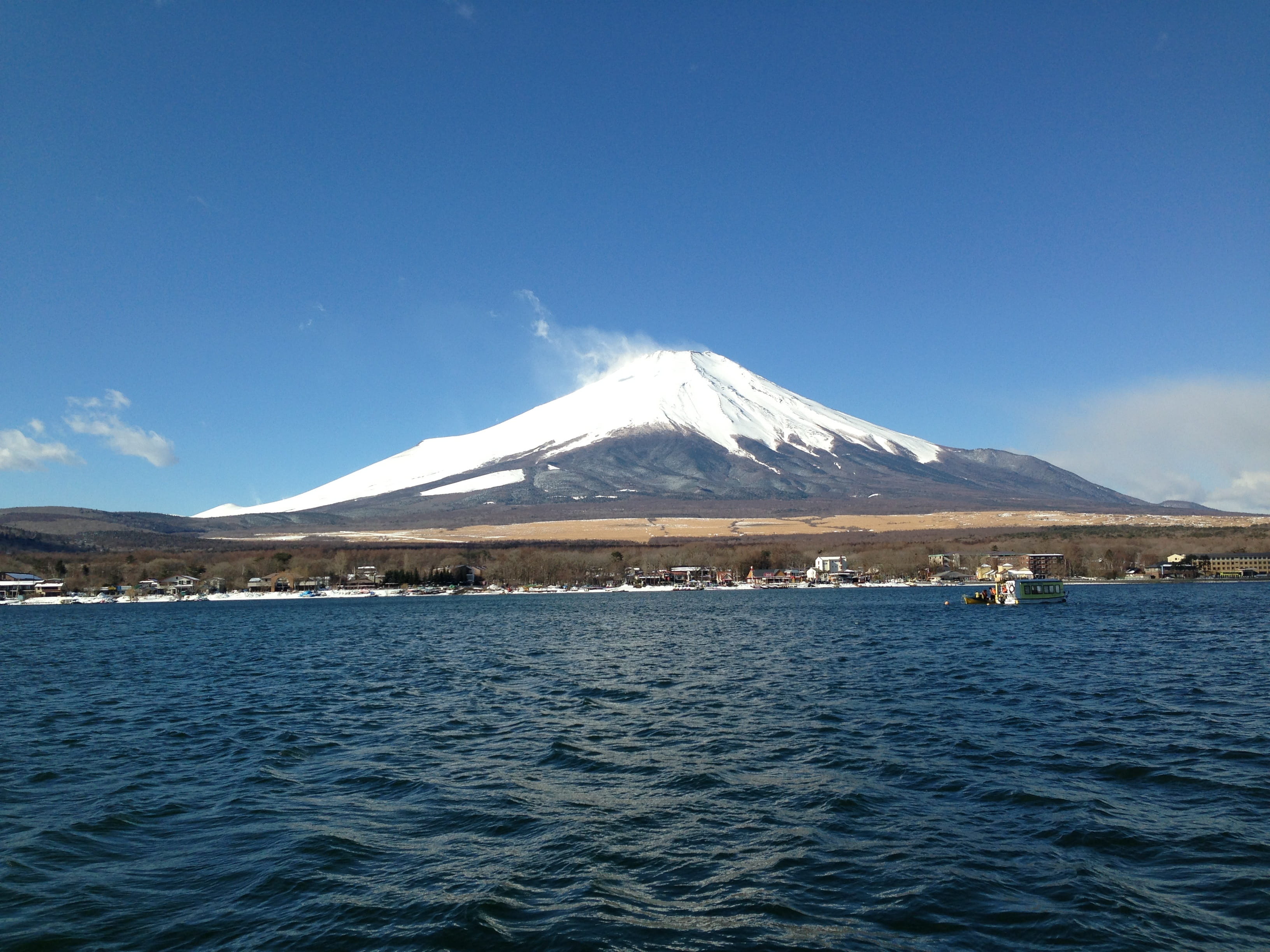 2K, snow, winter, cold temperature, volcano, from the ship, tranquil scene, landscape, snowcapped mountain, no people, blue, day, Ship, lake surface, Lake Yamanaka, HD Wallpaper