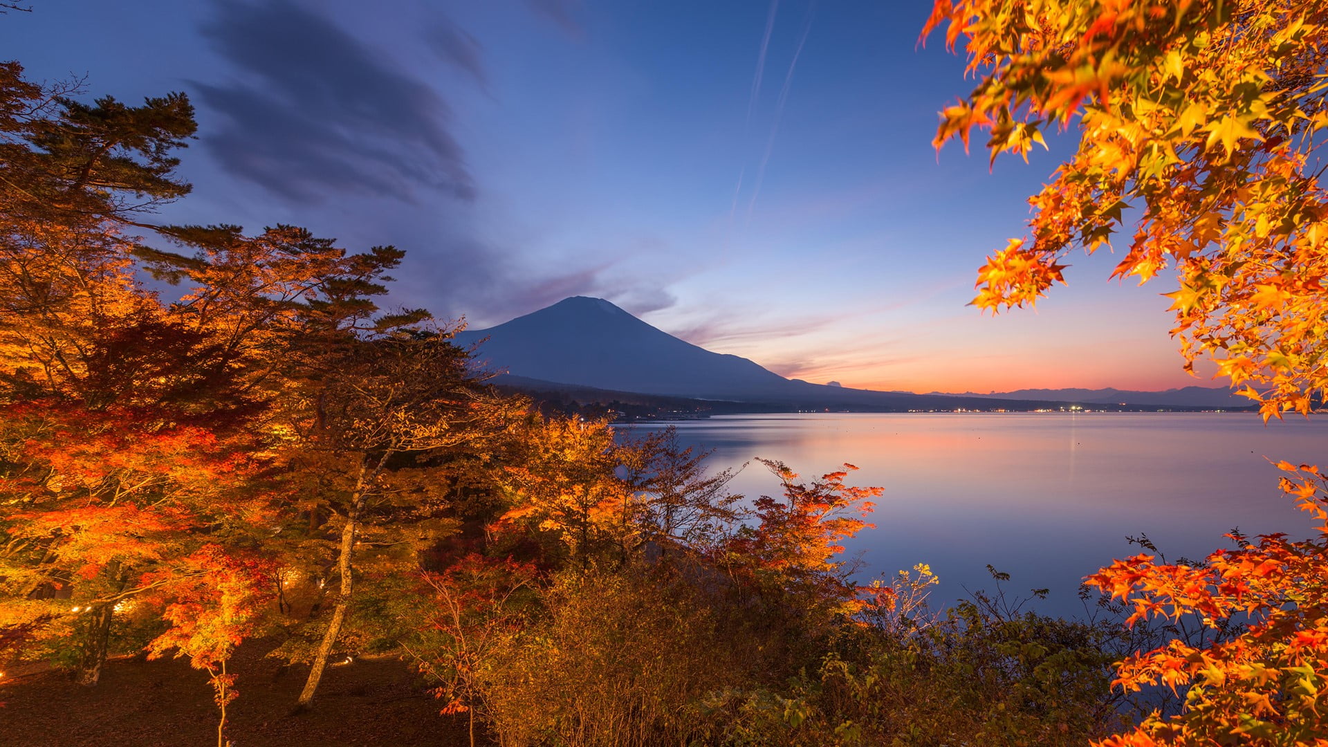Mount Fuji, landscape, nature, lake, lights, fall, Japan, mountains, Lake Yamanaka, trees, 1080P, sky, clouds, HD Wallpaper