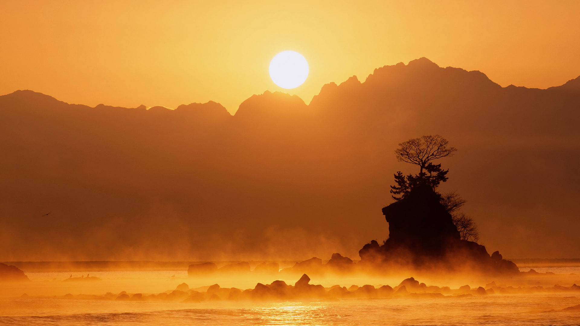 fog, lake Yamanaka, stones, Japan, mountains, the sun, rock, 1080P, trees, HD Wallpaper