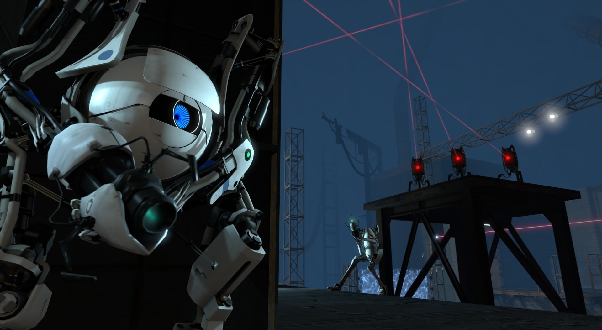 portal 2, no people, smart, lighting equipment, architecture, built structure, Games, representation, sky, Portal, coop bots, video game, outdoors, game, HD Wallpaper