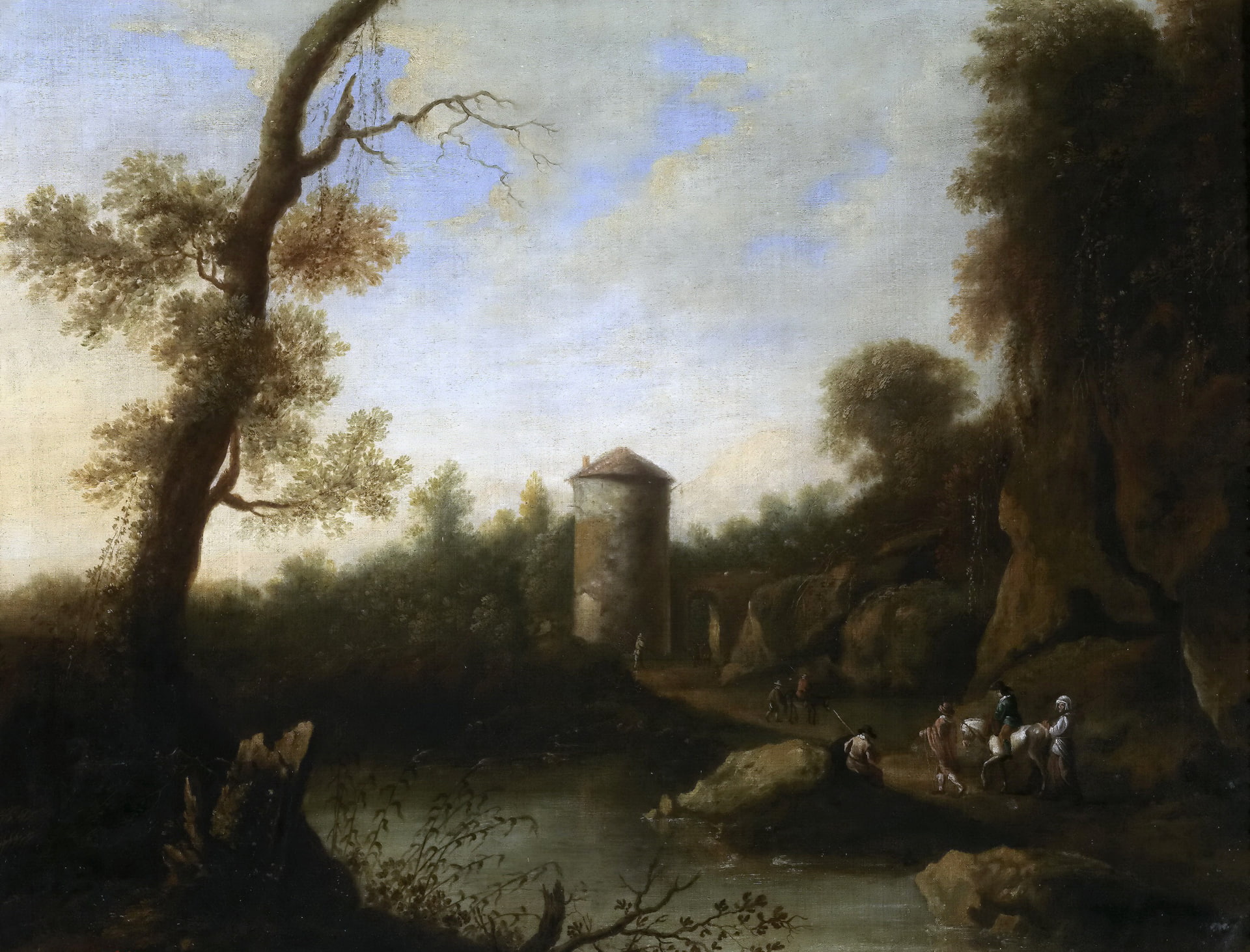 picture, Yang Bot, tree, people, Landscape with a Horseman and the Tower, stone, lake, 1080P, HD Wallpaper