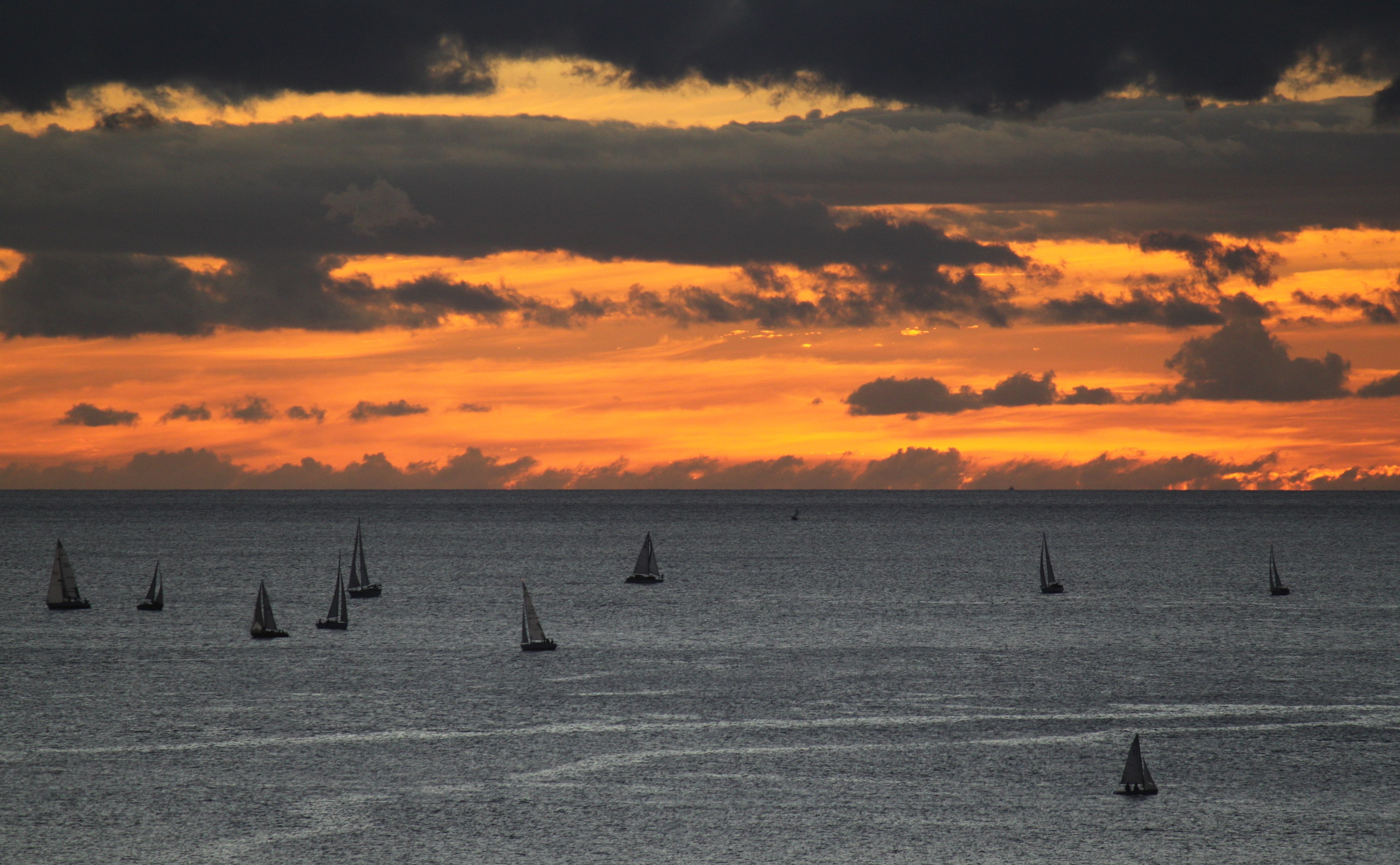 orange color, no people, Beach, idyllic, outdoors, water, 4K, beauty in nature, lot, bot, sailboat, clouds, Nature, sky, transportation, nautical vessel, HD Wallpaper