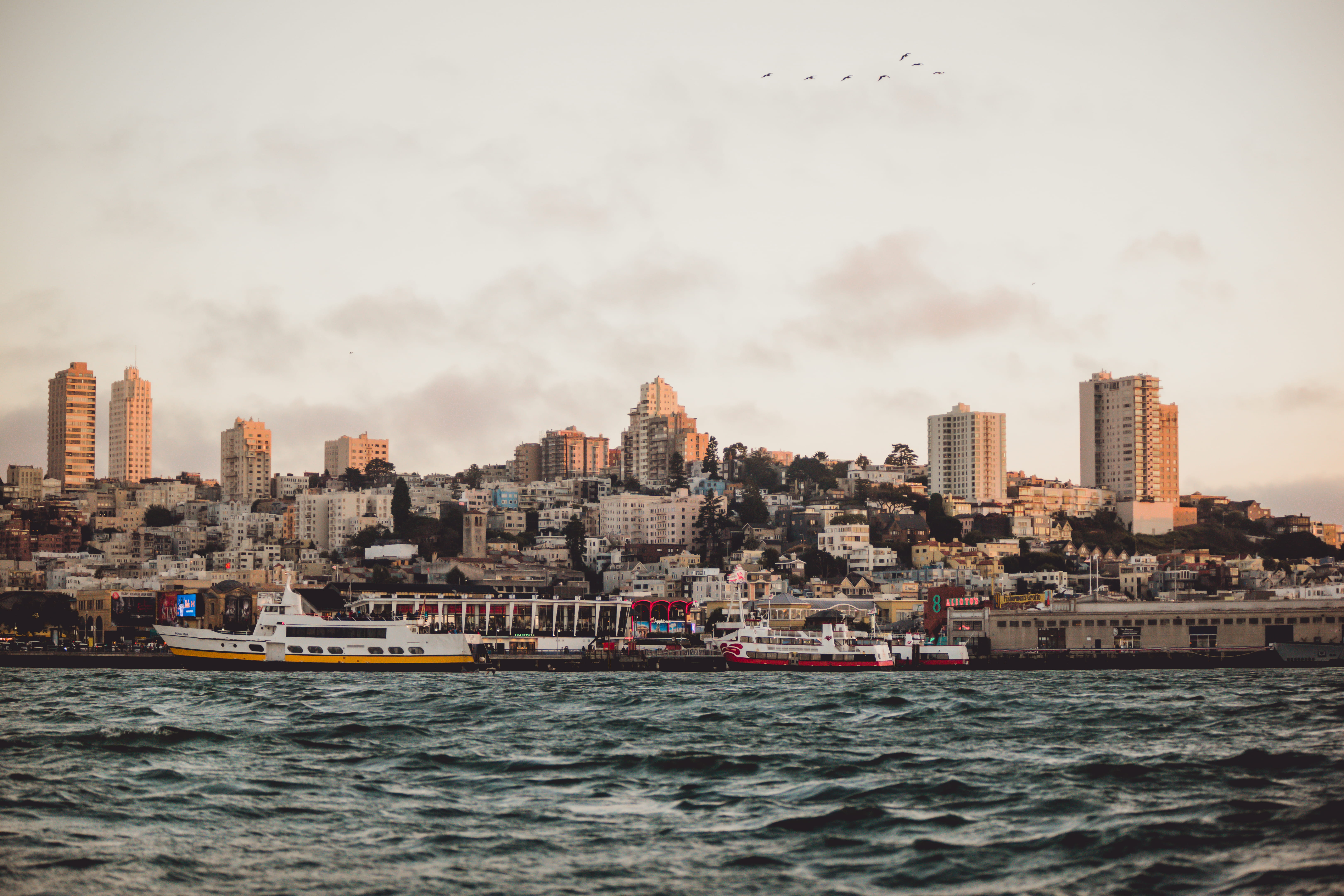 transportation, towers, no people, california, bot, sunset, fran, cityscape, cruise ship, waterfront, buildings, nature, architecture, boat, sf, built structure, HD Wallpaper