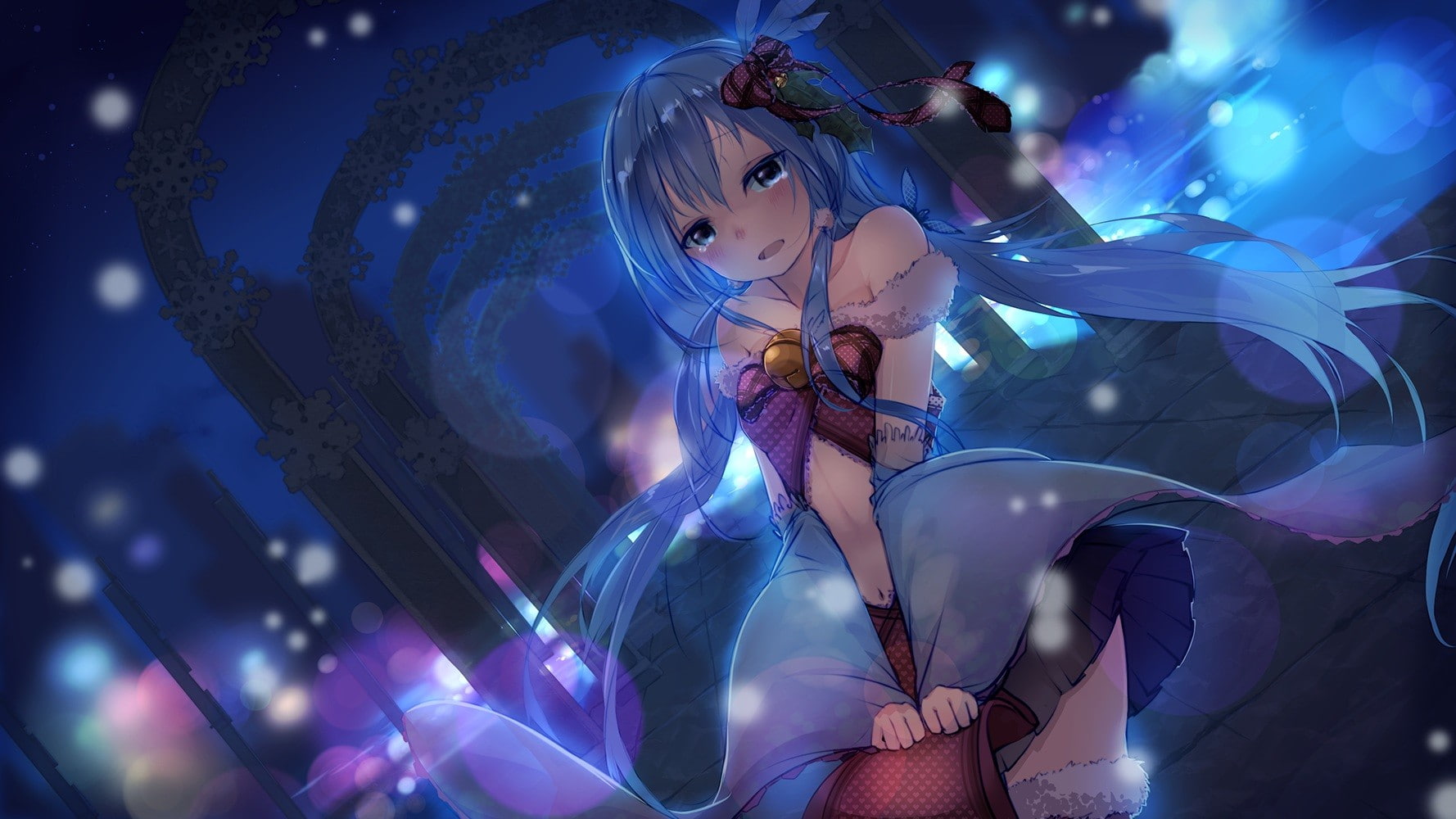water, 720P, night, anime girls, blue eyes, blue hair, anime, long hair, skirt, HD Wallpaper