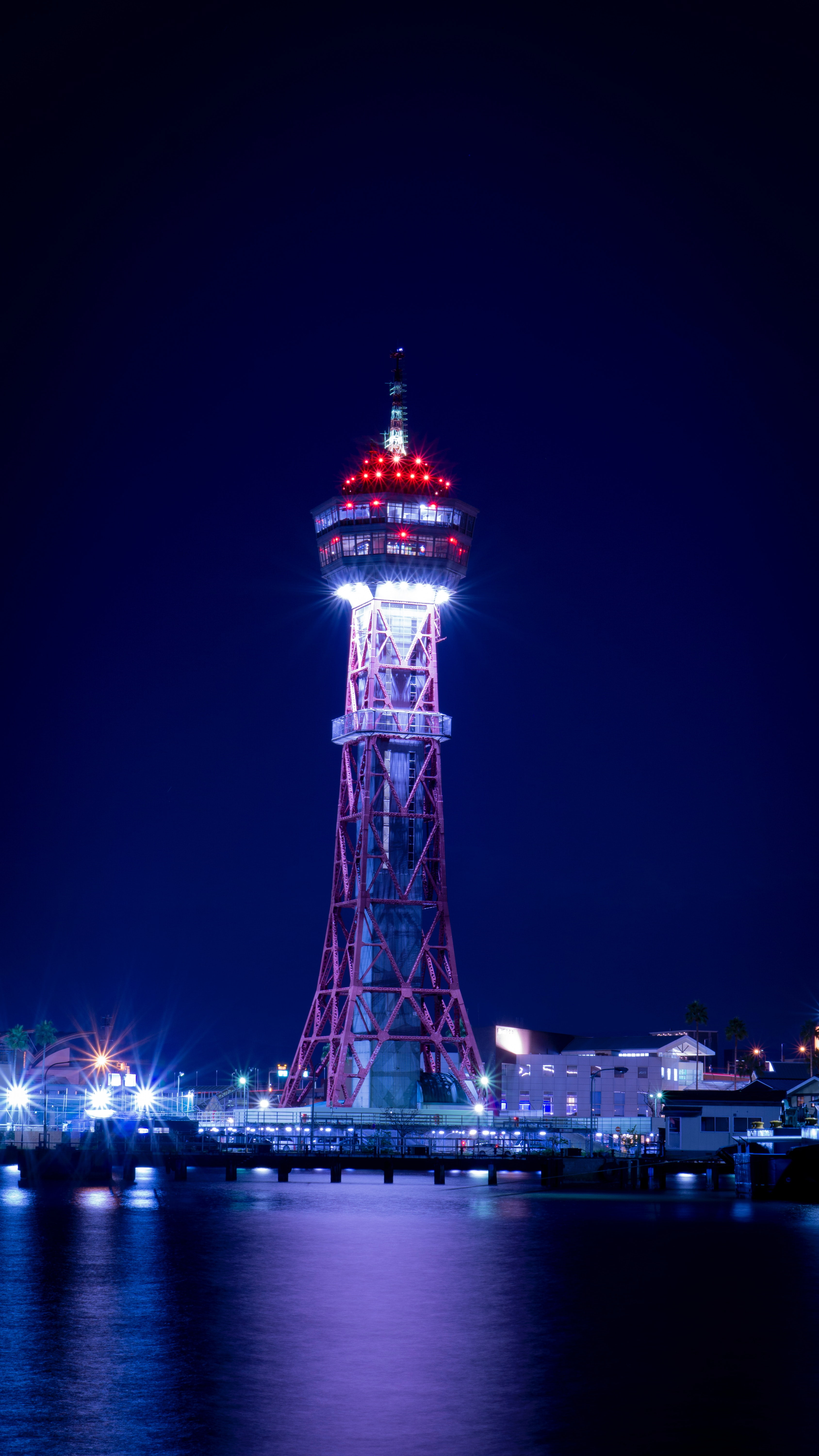fukuoka, tower, pier, night city, 5K, japan, lighthouse, Phone HD Wallpaper