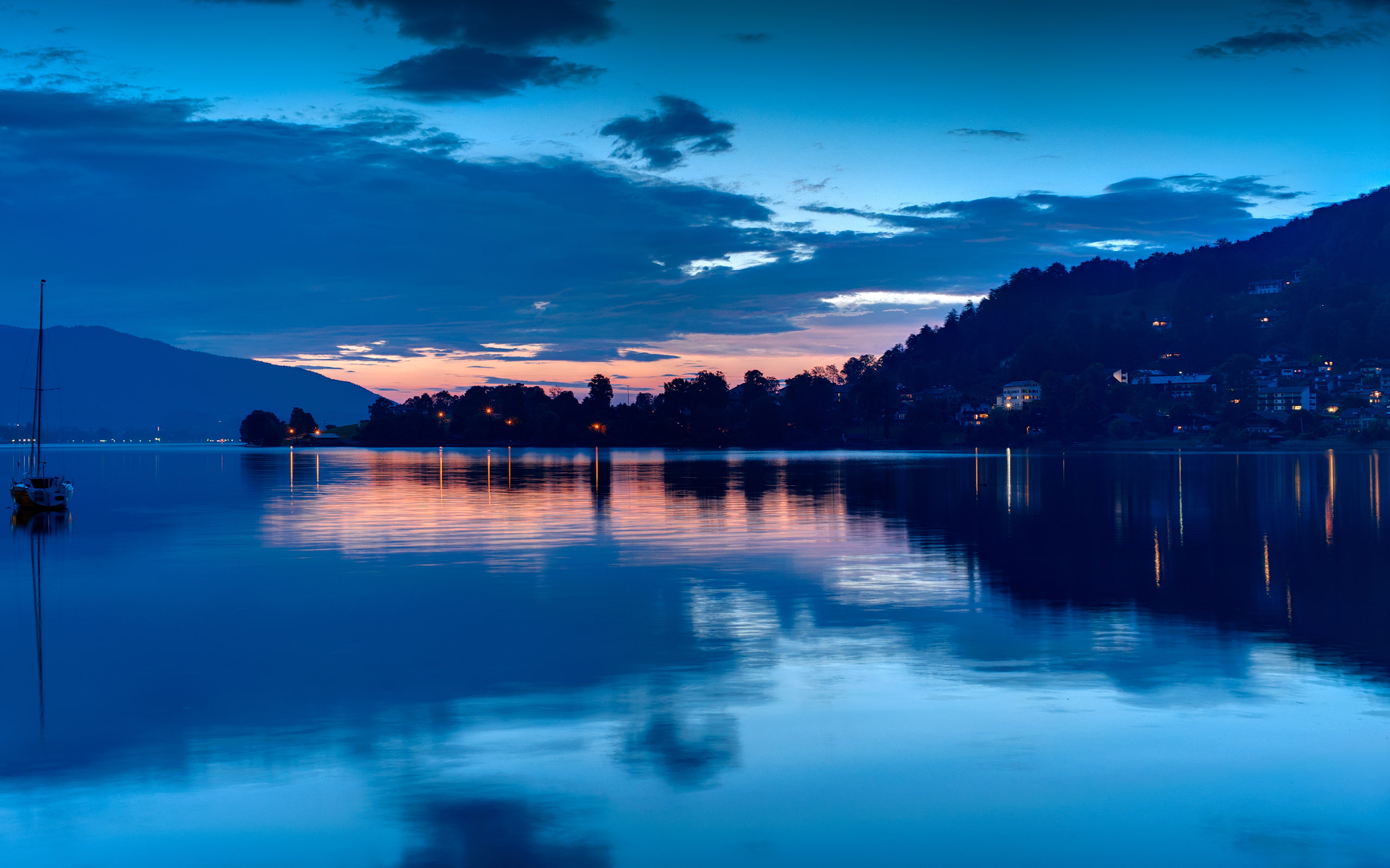 2K, tree, reflection, dusk, nature, beauty in nature, plant, mountain, blue, silhouette, germany, nikon, feeling, tranquil scene, nikond700, outdoors, HD Wallpaper