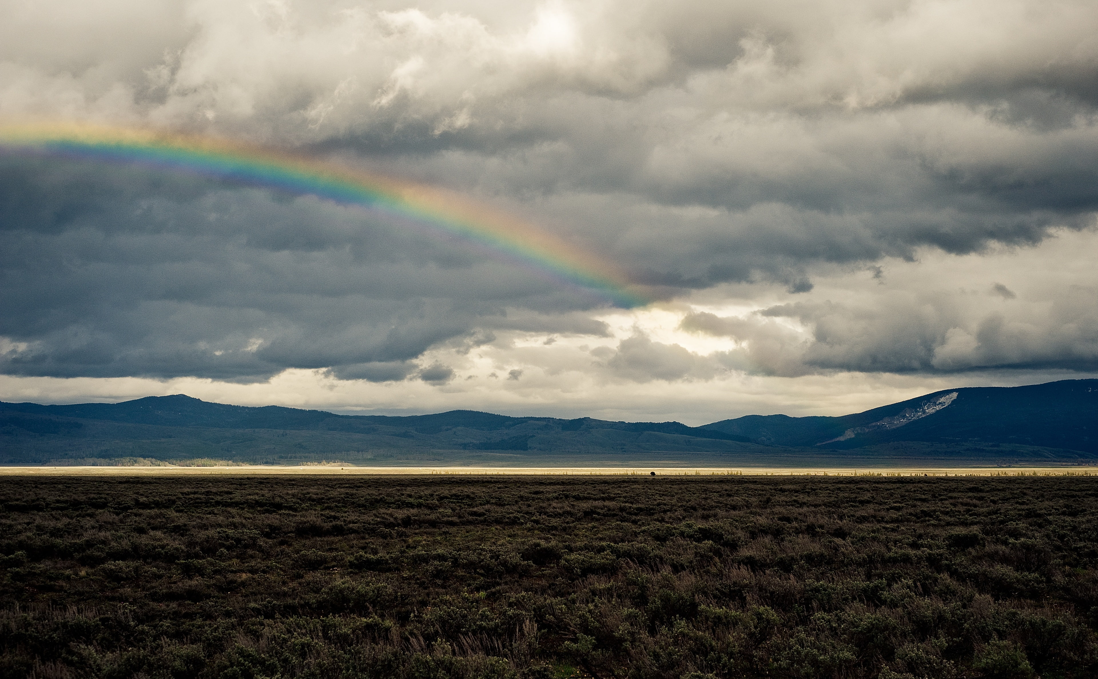 Landscape, 4K, Rainbow, Fields, scenics - nature, no people, cloud - sky, Hills, sky, field, Clouds, mountain, Wyoming, day, environment, nature, Ominous, HD Wallpaper
